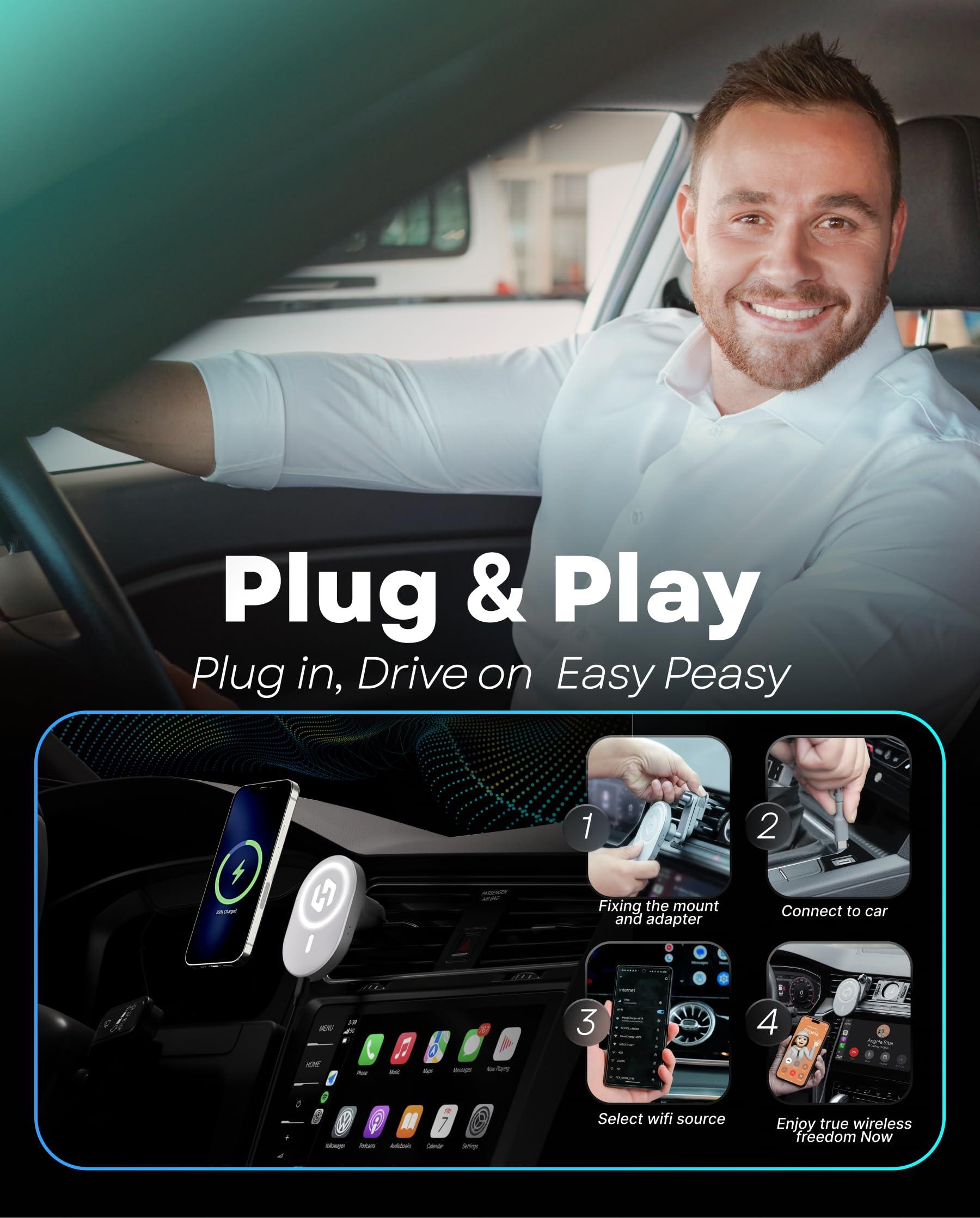 Malinto HexaCharge 3-in-1 Wireless Carplay Adapter 2024 & Magnetic Wireless Charging for iPhone and Android, Convert Wired to Wireless CarPlay and MagSafe Charging