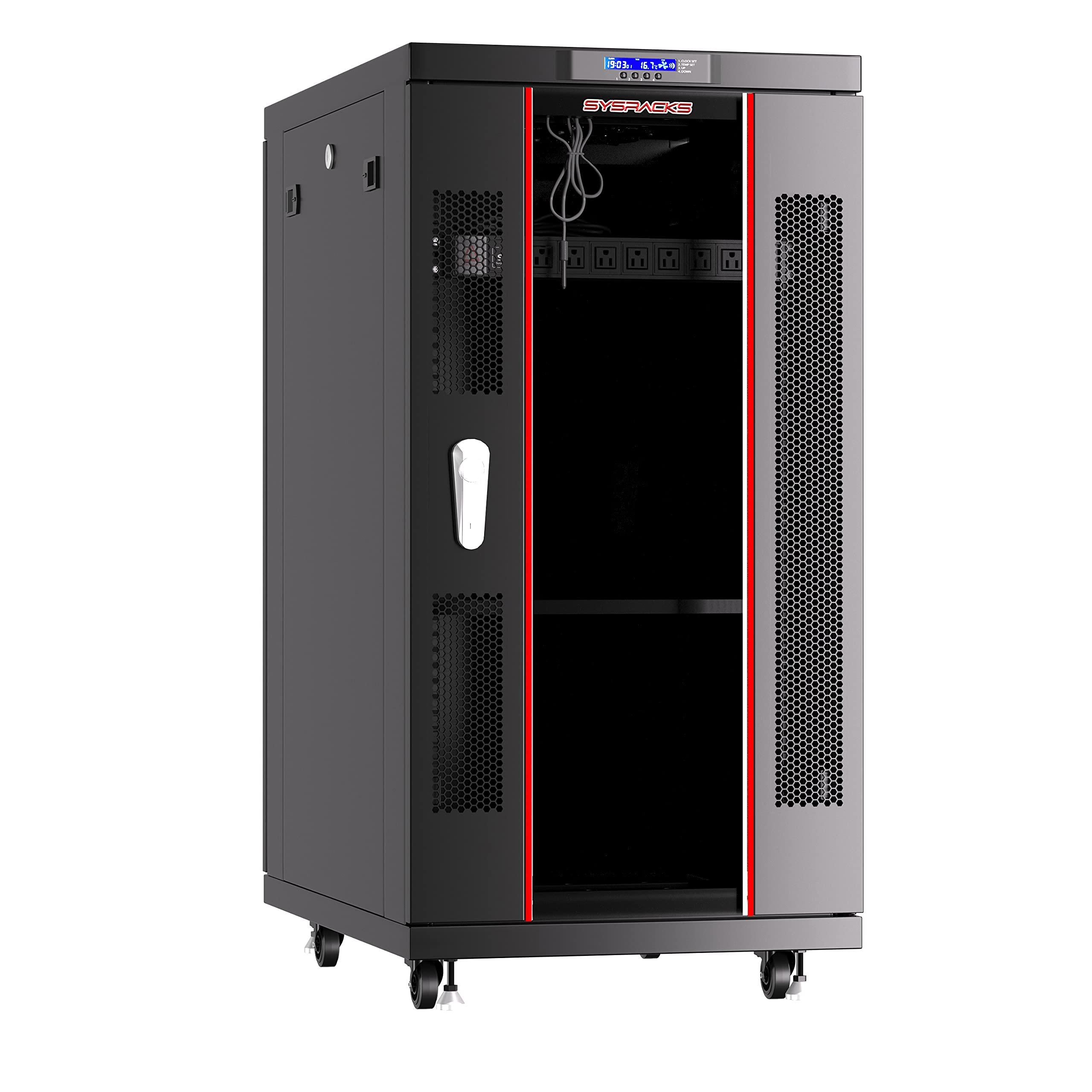Sysracks Sysracks 22U Server Cabinet 39-inch deep Server Rack Locking Network Cabinet with Thermocontroller, LCD-Screen, 4 Fans, Power Strip, Shelf, Wheels, Dust-Tight Cable Entries and Other Accessories