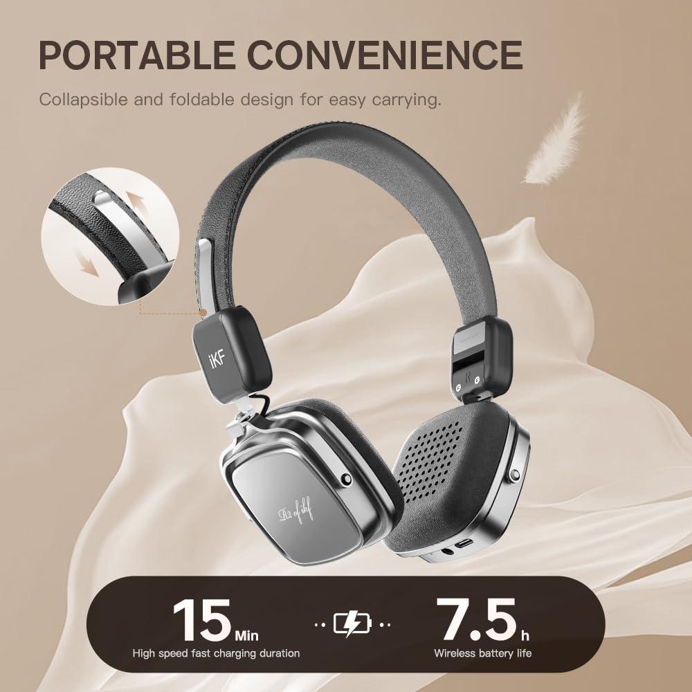iKF iKF R2 Retro Classic Metal and Leather Grain Wireless Headphones, On Ear,Ergonomic Design,40mm Drivers, ENC Noise Cancelling, Bluetooth V5.4 & Wired Dual Mode, 60H Playtime,Throwback 80s 90s (Black)