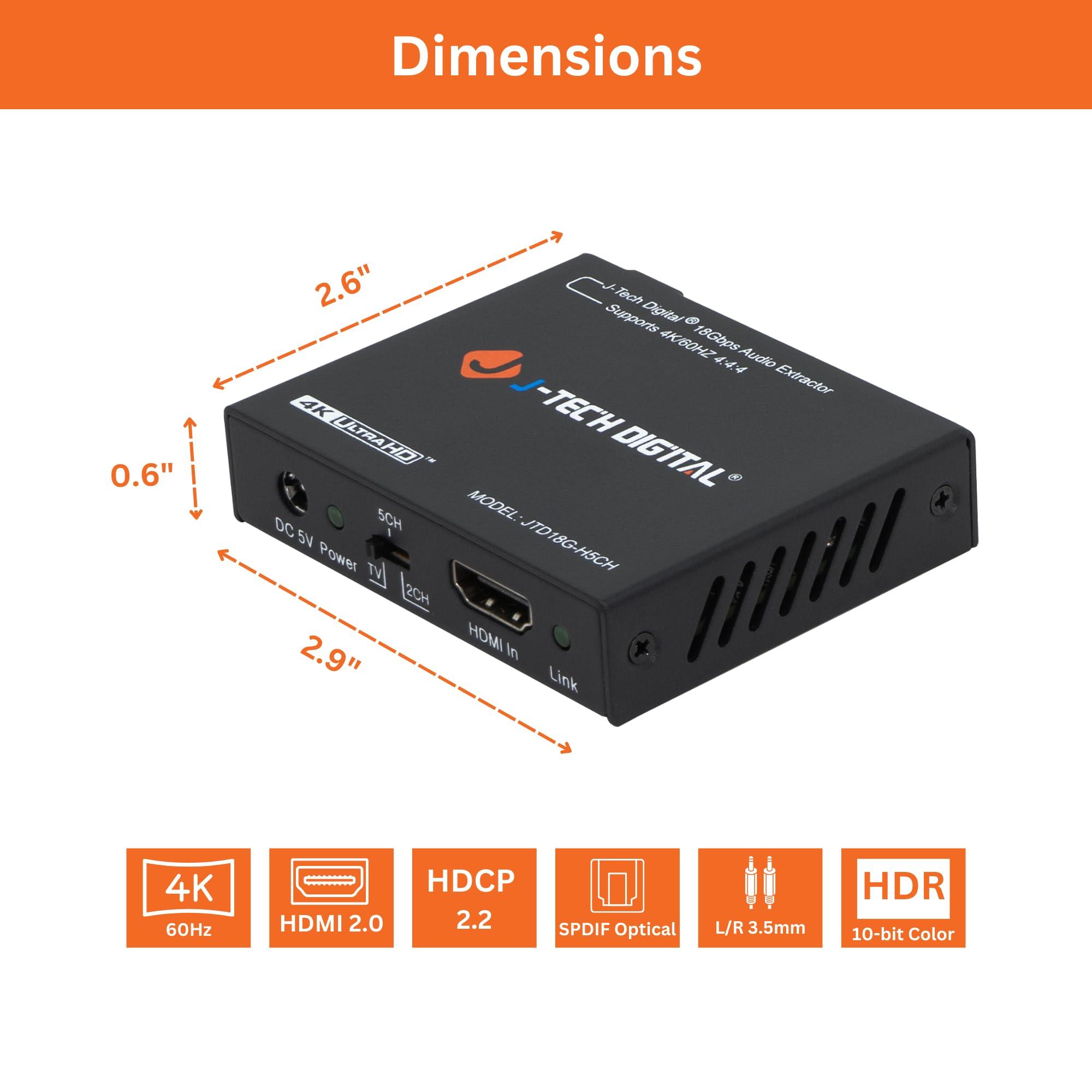 J-Tech Digital J-Tech Digital 4K 60Hz HDMI Audio Extractor Converter SPDIF + 3.5MM Output Supports HDMI 2.0, HDCP 2.2, 1080P@120Hz, 1080P@144Hz, Dolby Digital/DTS Passthrough CEC, HDR10 [JTD18G-H5CH]