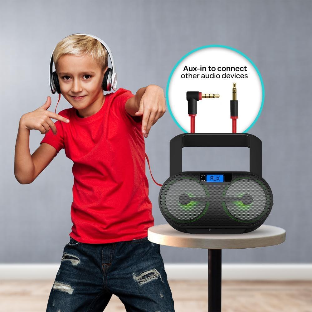 Riptunes Riptunes Portable CD Player Boombox AM FM Radio, Bluetooth, USB, Aux-Input, MP3 CD Stereo Sound with Bass Boost, Party Lights, Headphone Jack, Backlit LCD Display, with Remote, Black