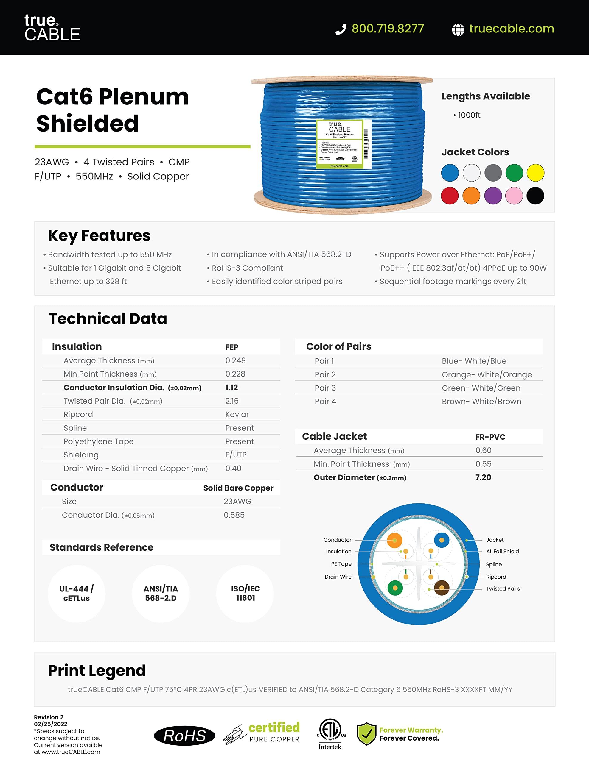 TRUE CABLE trueCABLE Cat6 Plenum Shielded (CMP), 1000ft, Yellow, 23AWG Solid Bare Copper, 550MHz, PoE++ (4PPoE), ETL Listed, Overall Aluminum Foil Shield (F/UTP), Bulk Ethernet Cable