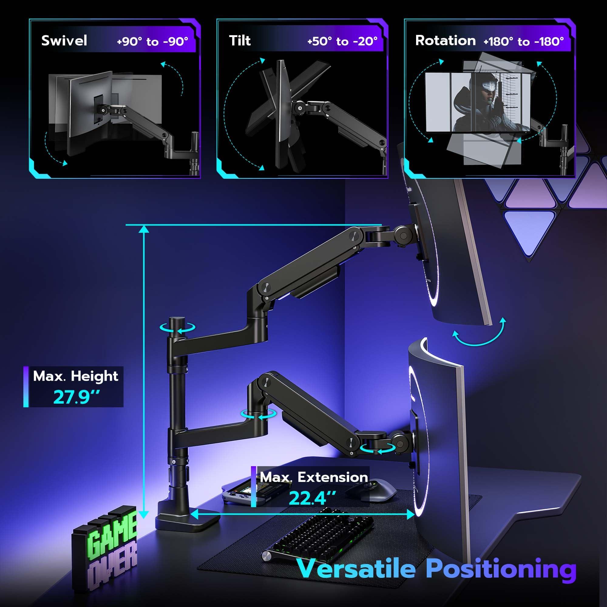 ARES WING ARES WING Dual Monitor Arm Desk Mount for 17-49 Inch Ultrawide Monitors, Heavy Duty Dual Monitor Mount Holds 44 lbs, Full Motion Gas Spring Vertical Stacked Monitor Mount, 75/100 VESA Mount, Black