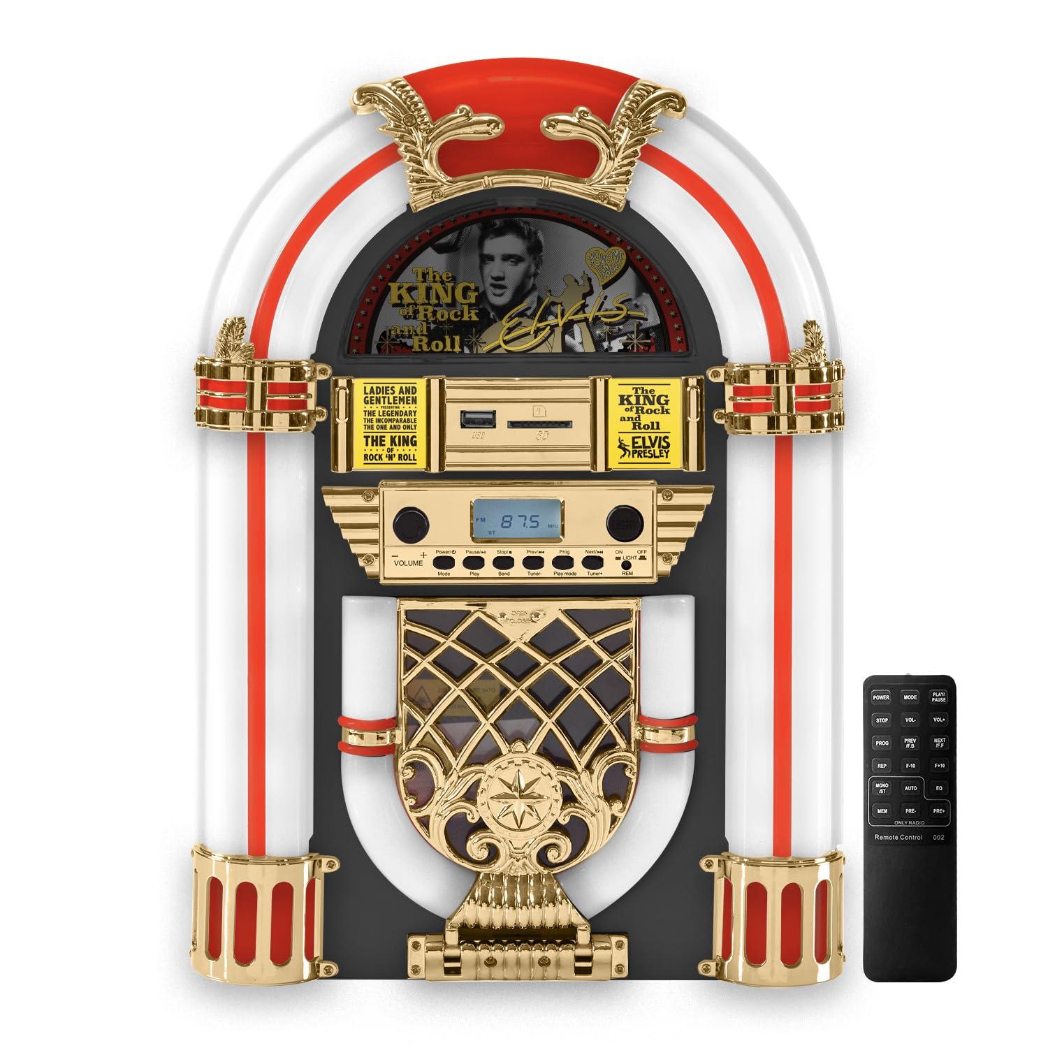 Elvis Presley Arkrocket x Elvis Presley Mini Jukebox/Tabletop CD Player/Bluetooth Speaker/Radio/USB and SD Card Player with Retro LED Lighting System (Limitied Edition), Black Gloden