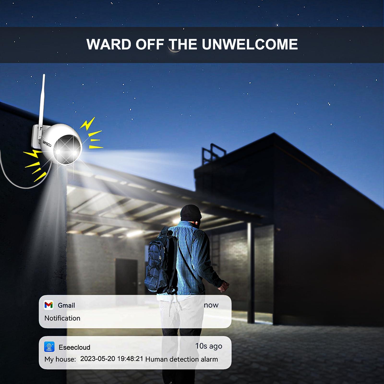 SANSCO [True Wire-Free] SANSCO Wireless Battery Powered Security Camera System with Solar Panels & 500GB HDD, 10 Channel 2K NVR Recorder, (4) 4MP Outdoor WiFi IP Cameras, 2 Way Audio, PIR Smart Detection