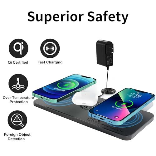 JE Make IT Simple Triple Wireless Charger Pad - 15W Fast Charging Station for Apple iPhone 15/14/13/12 Pro/Max/Plus, AirPods, Qi-Certified 3-in-1 Charging Mat for Multiple Devices One-Step Wireless Charging Solution