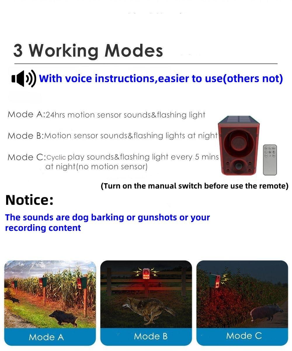 HULPPRE HULPPRE Solar Outdoor Motion Sensor Alarm-Dog Barking or Gunshot Sound,Support Recording&Volume,130db Loud Noise Maker,3 Work Modes Strobe Light with USB,Say Goodbye to The Intruders
