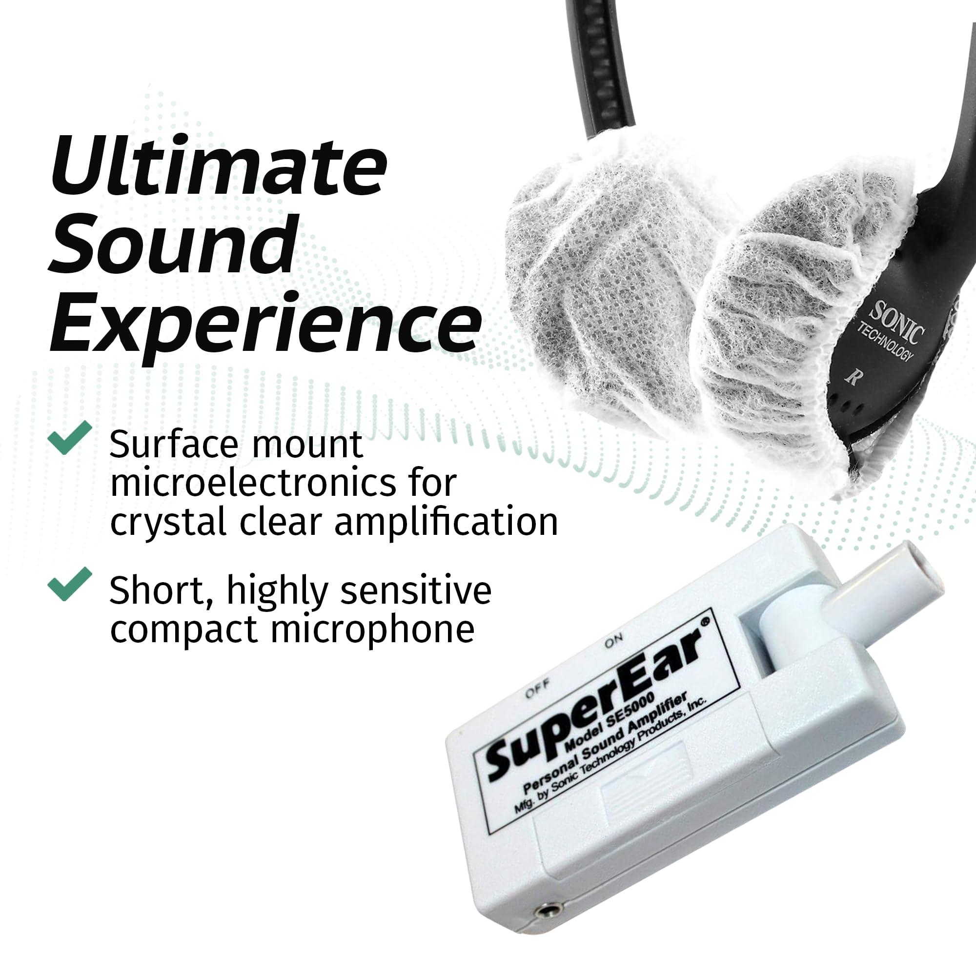 SuperEar SuperEar Bundle: Personal Sound Amplifier Model SE5000 (PSAP) Pocket-Size Audio Amplifier with Headphones and Earbuds for Listening Assist & 50 Pair, 2.5" Disposable Sanitary Ear Covers for Hygiene