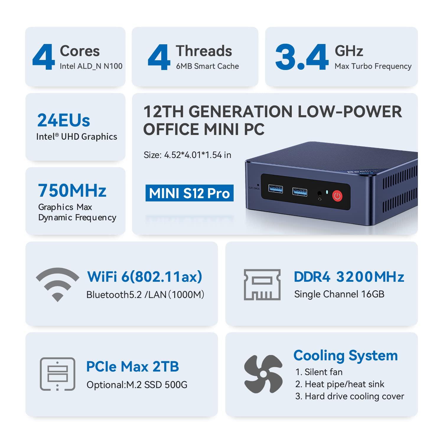 Beelink Beelink Mini S12 Pro Mini PC - 12th Gen Intel N100 (Up to 3.4GHz), 16GB DDR4, 500GB SSD, 4K Dual Display, WiFi 6, BT 5.2, 1000Mbps LAN - Low Power Mini Desktop Computer
