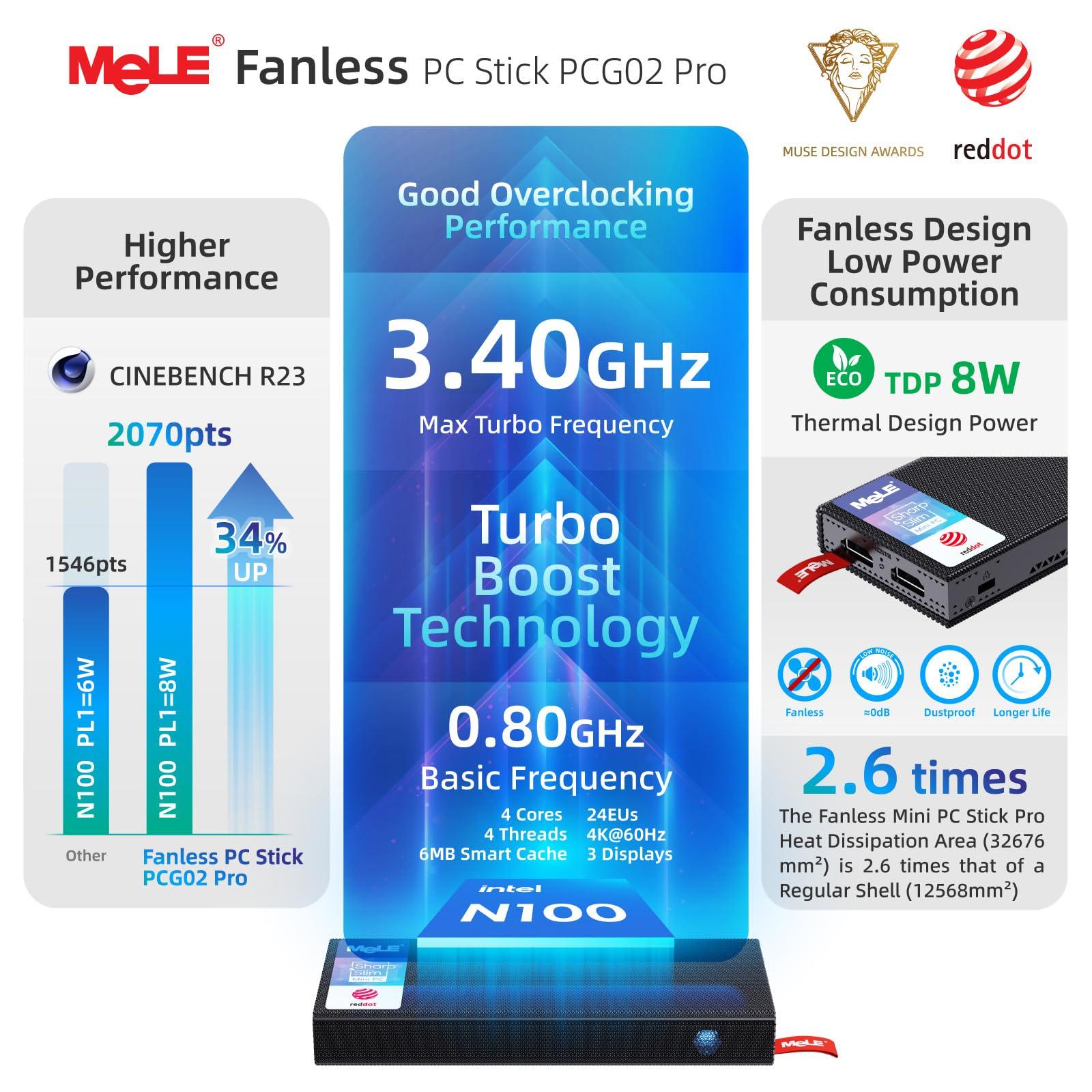 MeLE MeLE Reddot Winner PCG02 Pro Fanless N100 Mini PC Stick 8GB LPDDR4x 128GB eMMC Micro Computer 2X HDMI 4K WiFi 5 BT5.1 Gigabit Ethernet, Support PD3.0 Protocol, on IoT, NAS, Digital Signage, MES, WMS