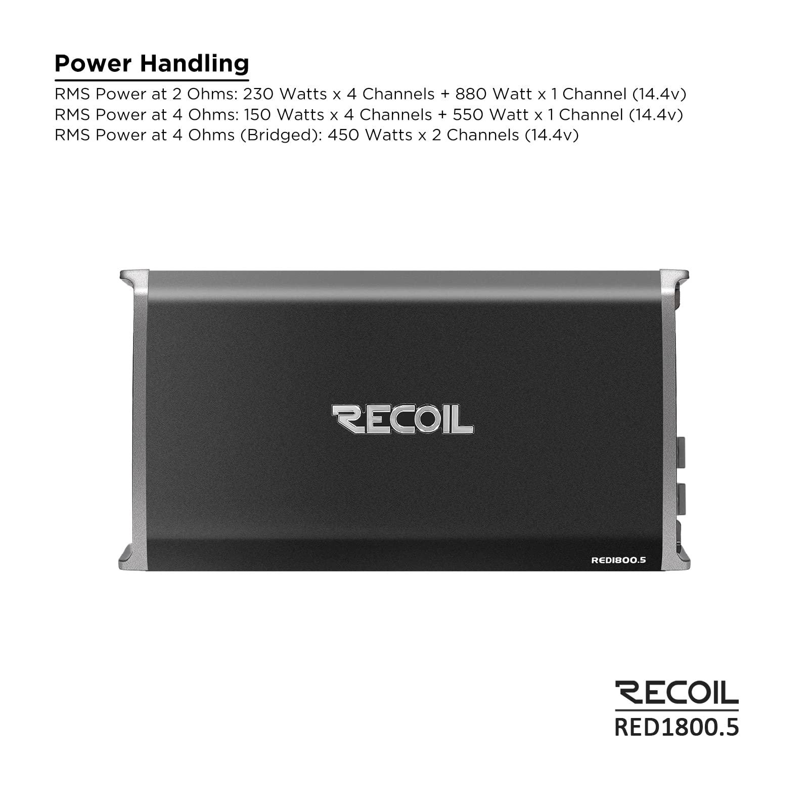 RECOIL Recoil RED1800.5 1800 Watts Class-D Car Audio 5-Channel Amplifier, Mono 1 Ohm Stable, Remote Bass Knob Included
