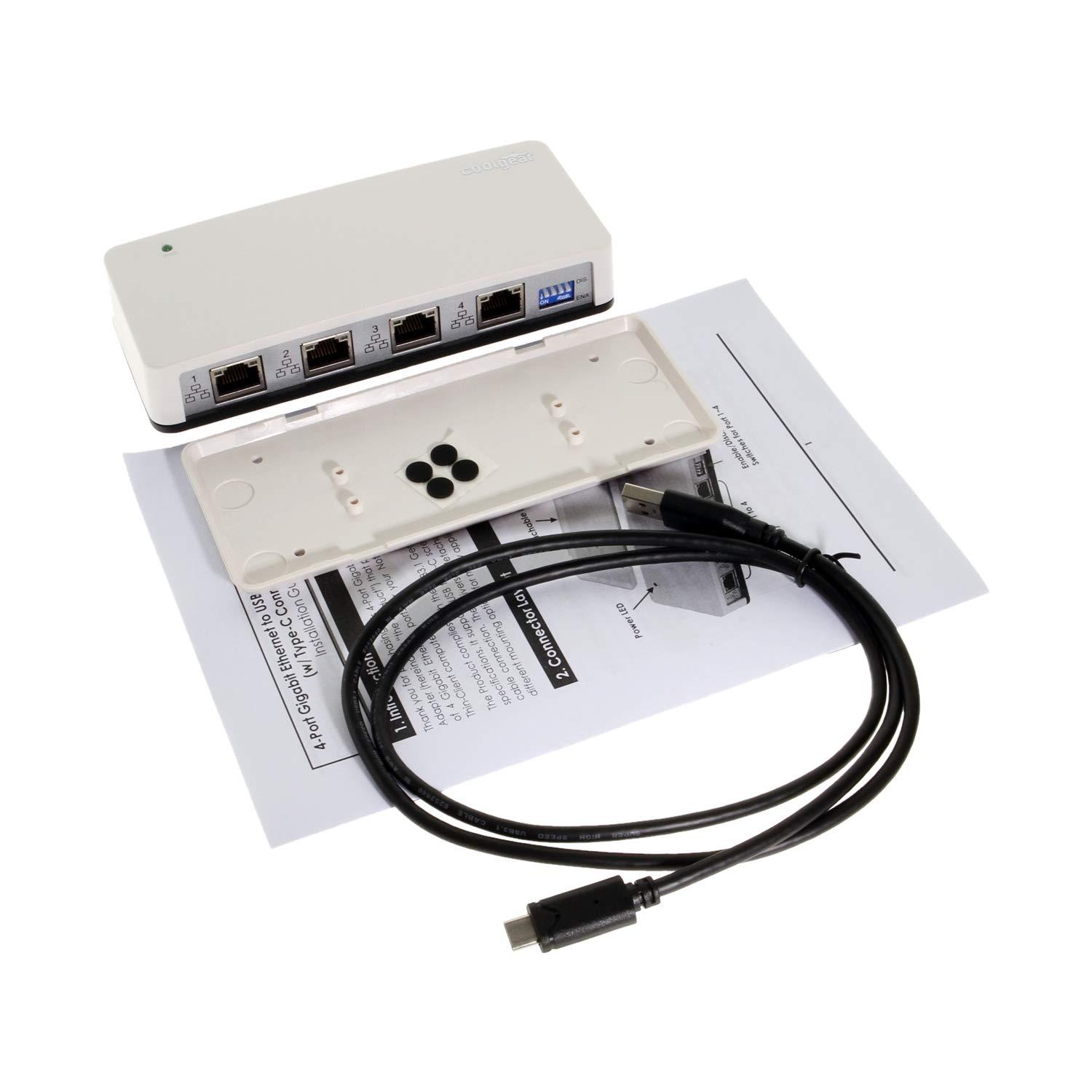 Coolgear 4-Port Gigabit Ethernet to USB3.1 Gen1 Adapter w/Mounting Kit