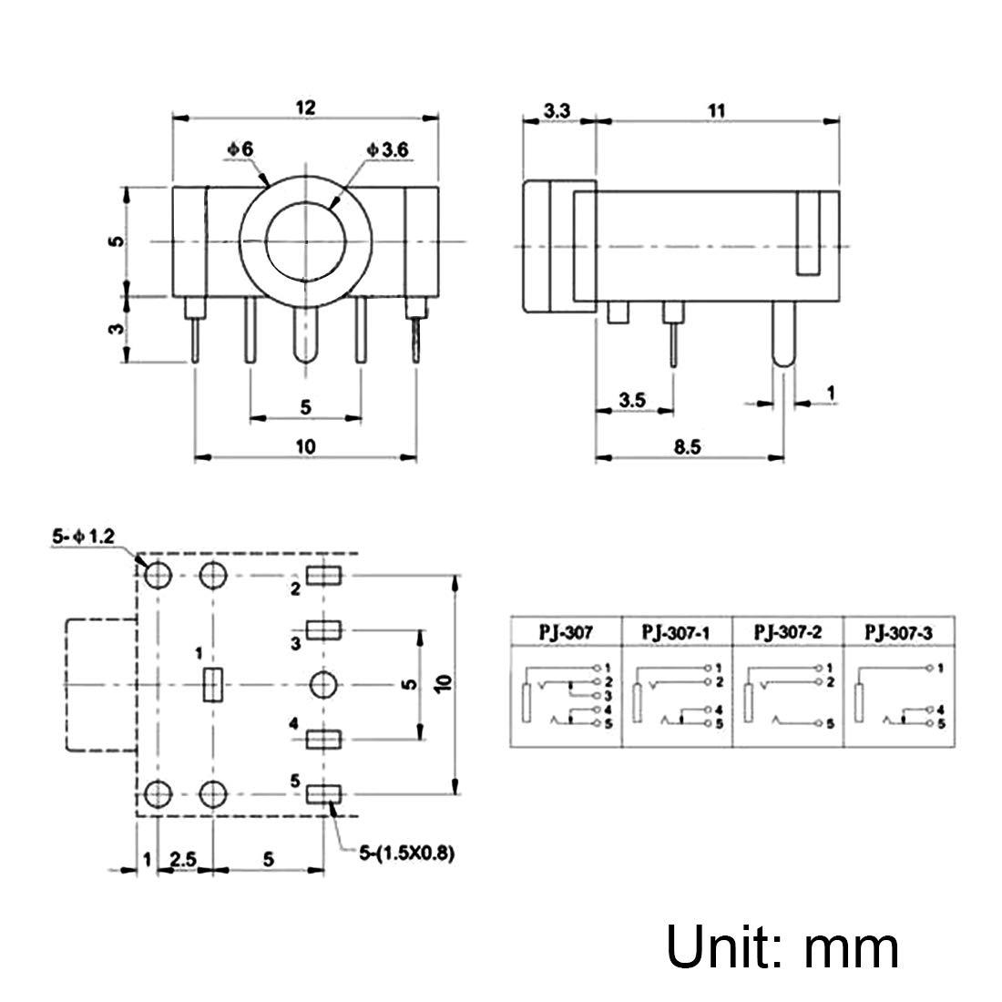 uxcell uxcell 3.5 mm Audio Jack Connector PCB Mount Female Socket 5 Pin PJ-307 5pcs