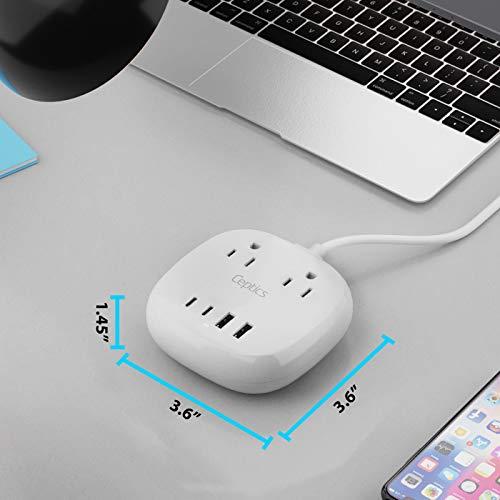 Ceptics Ceptics 65W USB Power Strip, Surge Protection Small Compact, Dual USB + USB-C, 2 Grounded USA Outlets Input QC 3.0 PD Fast Charging Quick Charge Power Delivery SmartVoltage Technology Charging Hub