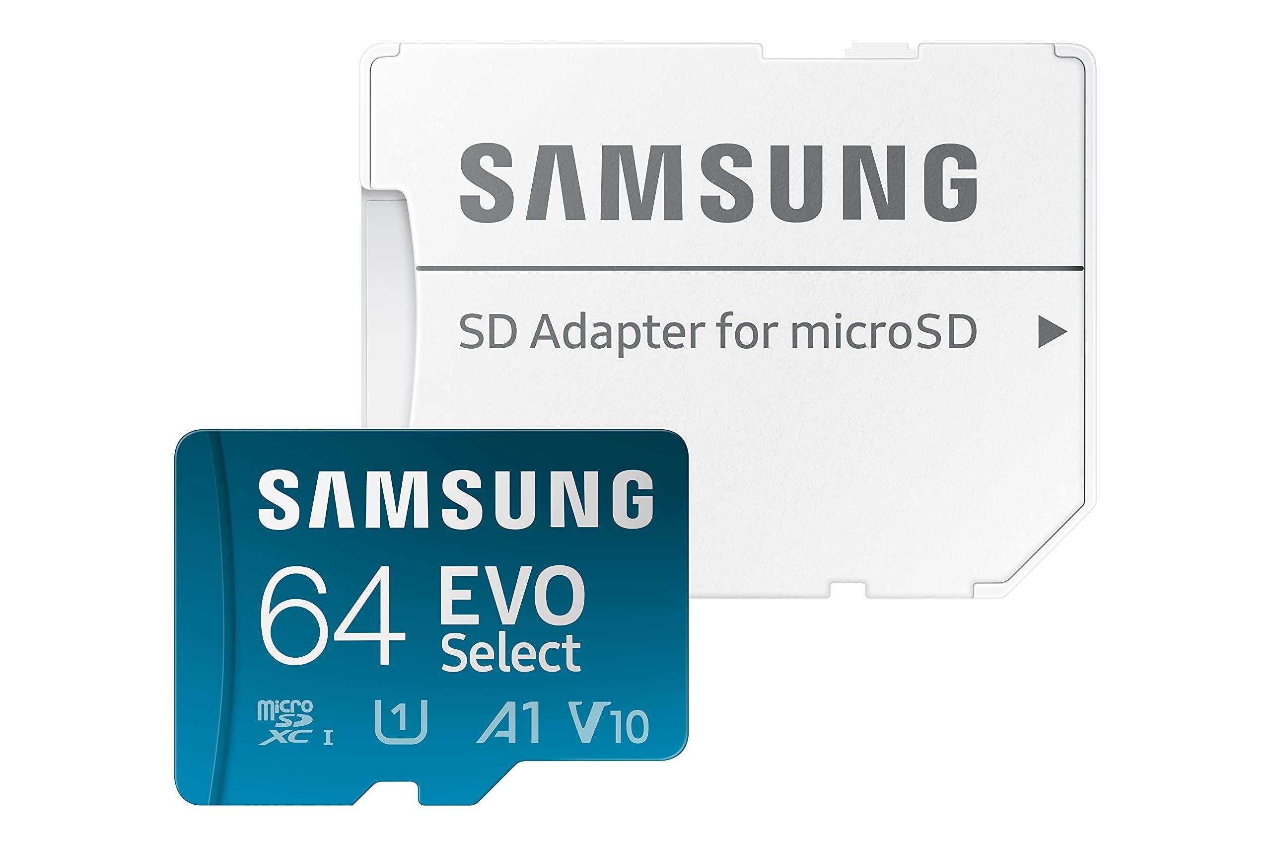 Samsung SAMSUNG EVO Select Micro SD -Memory -Card + Adapter, 64GB microSDXC 130MB/s Full HD & 4K UHD, UHS-I, U1, A1, V10, Expanded Storage for Android Smartphones, Tablets, Nintendo -Switch (MB-ME64KA/AM)