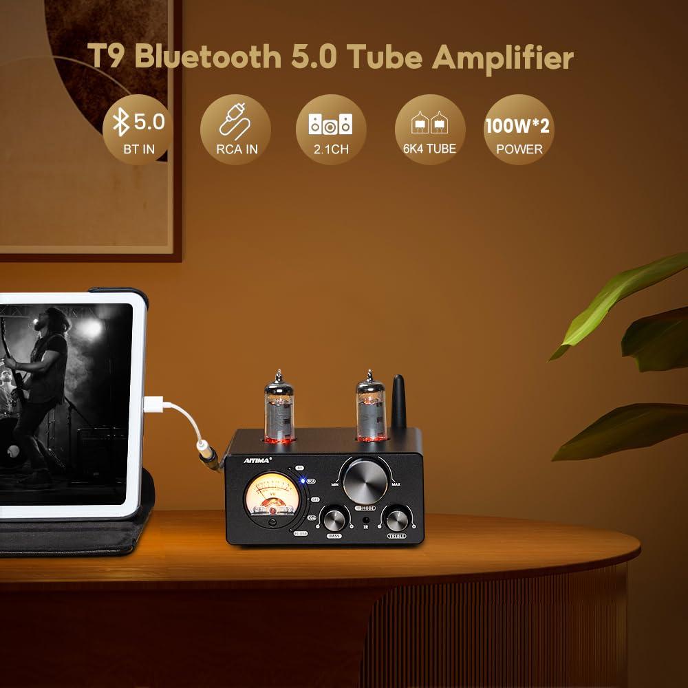 AIYIMA AIYIMA T9 100W*2 Bluetooth Stereo Amplifier Class D Amp 2.0/2.1 Channel Tube Power Amp with PC-USB DAC Coaxial Optical inputs &VU Meter & Bass Treble Tone Control for Home Stereo Speakers
