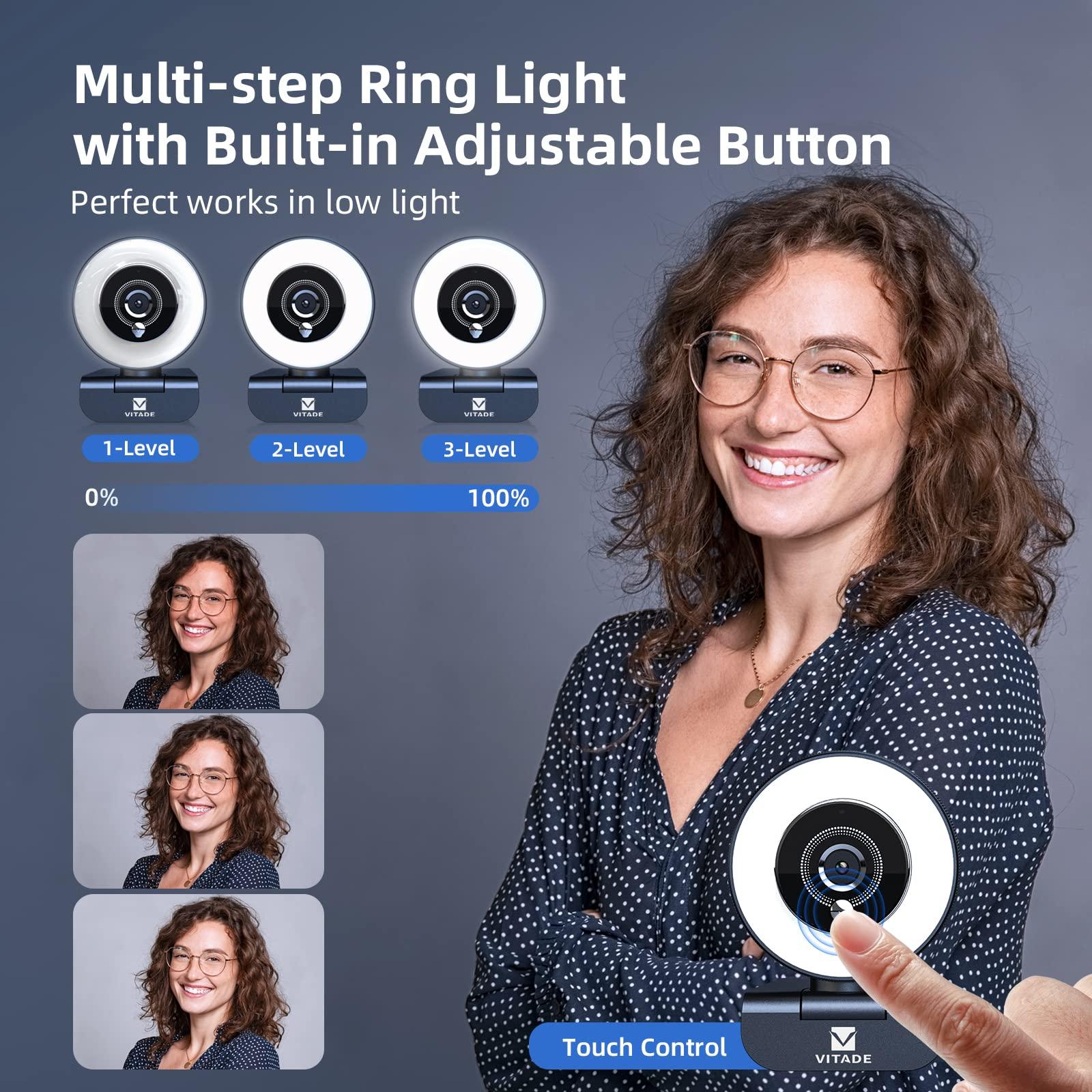 VITADE VITADE Streaming Webcam with Adjustable Ring Light, Full HD 1080P Webcam with Dual Microphones and Advanced Auto-Focus,Pro Web Camera for Online Learning, Zoom Meeting Skype Teams, Gaming Laptop