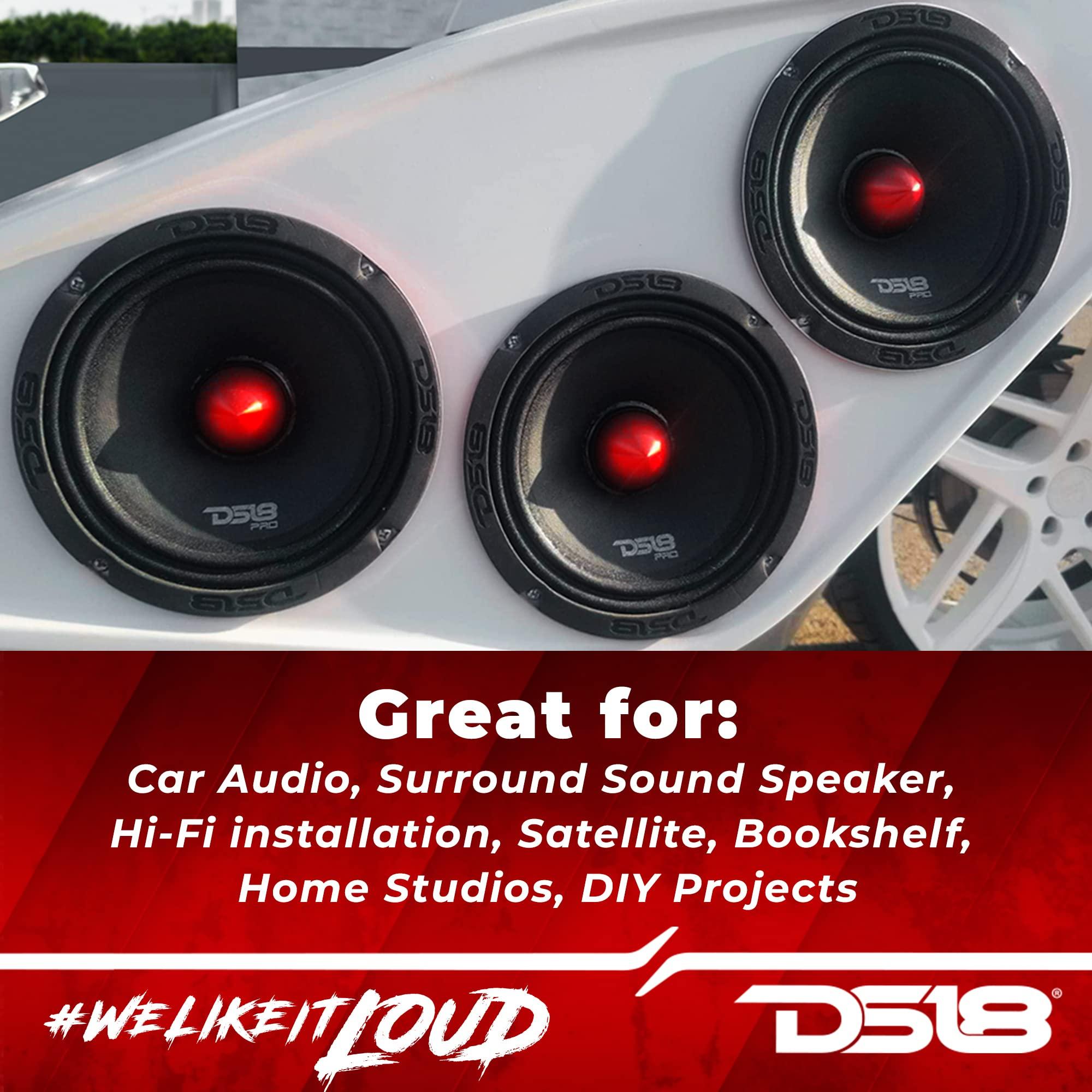 DS18 DS18 PRO-X6.4BM Loudspeaker 6.5\" Midrange Red Aluminum Bullet 500W Max 250W RMS 4 Ohms - Speaker Wire 16GA 100 FT Included - Car Audio Door Speakers for Car or Truck Stereo Sound System - 2 Speakers