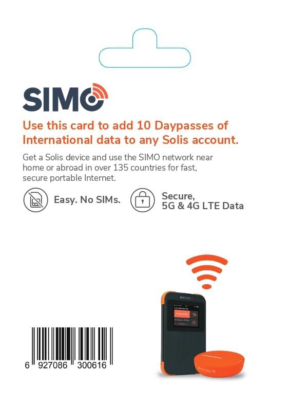 SIMO SIMO Solis 5G WiFi Mobile Hotspot + 10 Daypass Card, Local and International Coverage Router, Multi-Carrier Access, No Contract or SIM Card Required, 16 Connected Devices, 1GB/Month Lifetime Data