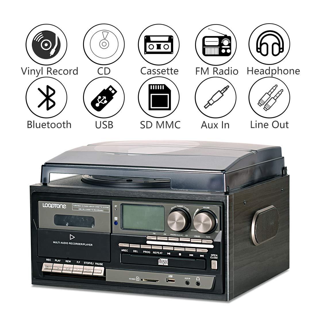 LOOPTONE LoopTone Vinyl Record Player 9 in 1 3 Speed Bluetooth Vintage Turntable CD Cassette Player AM/FM Radio USB Recorder Aux-in RCA Line-Out (Black Edition)
