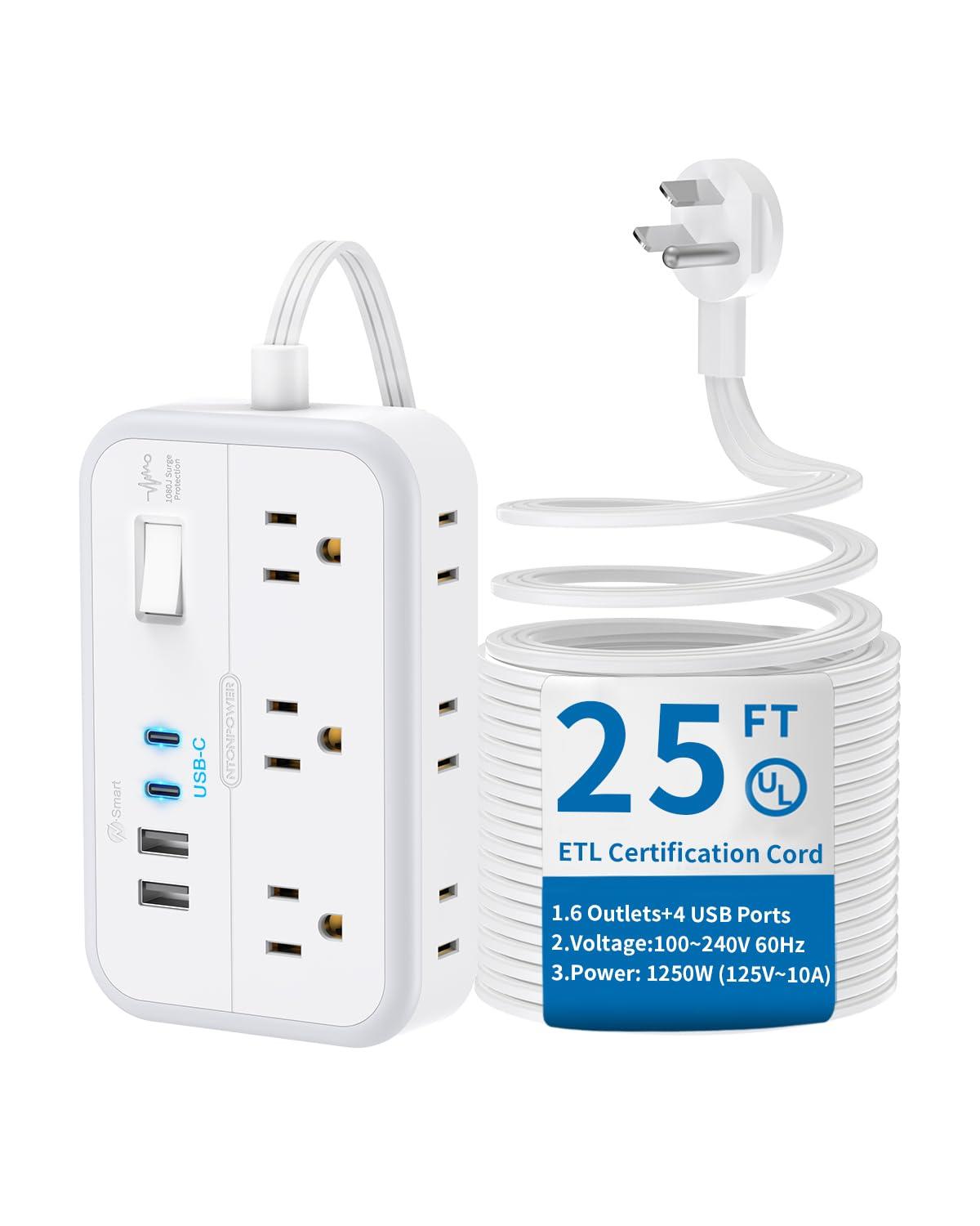 NTONPOWER Extension Cord 25 ft & 10 ft, NTONPOWER Surge Protector Power Strip with 6 Widely Outlets 4 USB Ports(2 USB C), Flat Plug, Wall Mounted, Side Outlet Extender for Indoor, Home Office, Dorm Room Essenti