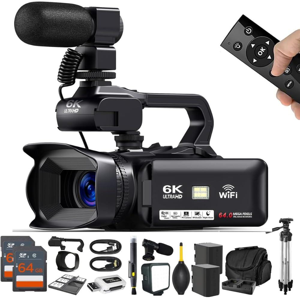 KLIOMAX KLIOMAX 4K 64MP Video Camera Camcorder Vlogging Camera for YouTube 60FPS 18X Zoom Video Camera, WiFi, Webcam, External Mic, 2 64GB SD Cards, 50\" Tripod, Case, Card Reader, Remote Control, Dual Charger