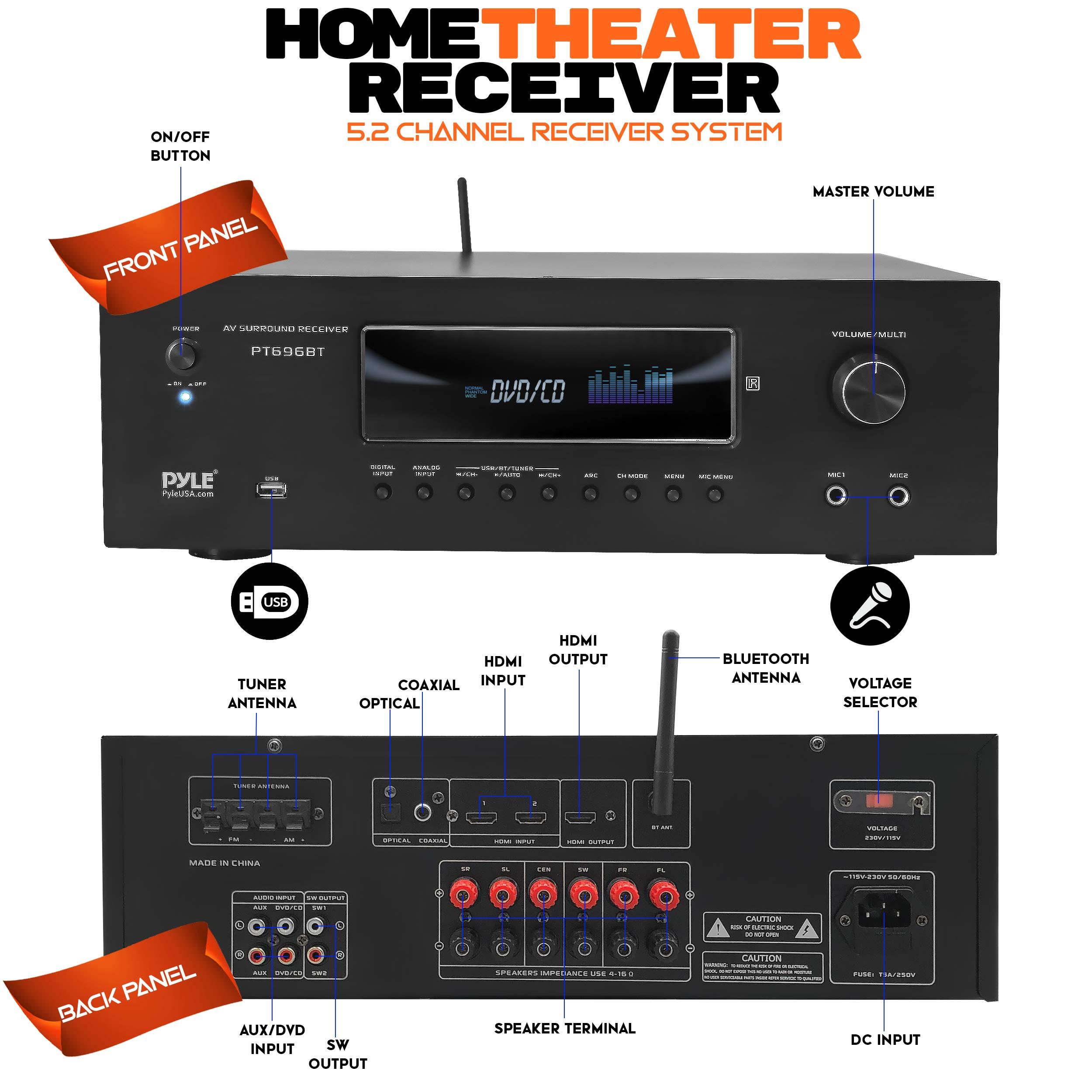 Pyle Pyle 1000W Bluetooth Home Theater Receiver - 5.2 Channel Surround Sound Stereo Amplifier System with 4K Ultra HD, 3D Video & Blu-Ray Video Pass-Through Support, HDMI/MP3/USB/AM/FM Radio, Black