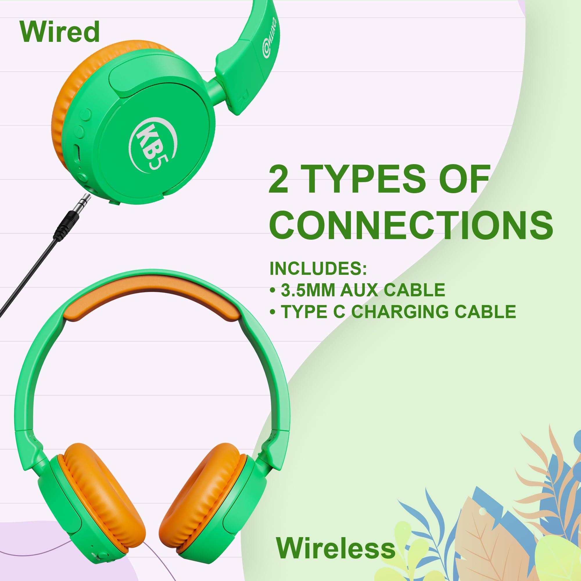 Contixo Contixo KB-5 Kids Headphones - Over The Ear Foldable Bluetooth Wireless Headphone for Kids - 85dB with Volume Limited - Toddler Headphones for Boys and Girls (Green+Orange)