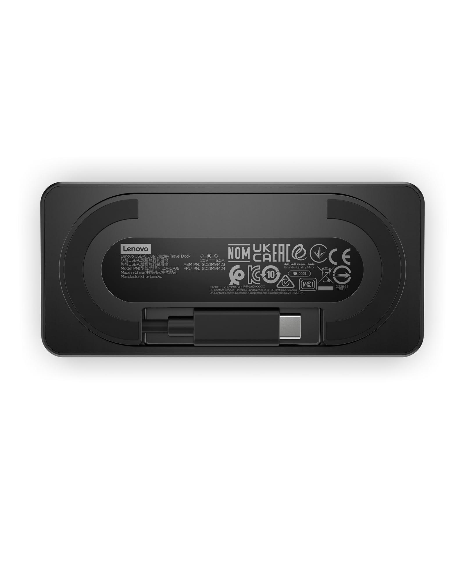 Lenovo Lenovo USB-C Dual Display Travel Dock - 7 Ports, Integrated USB-C Cable, Universal Compatibility, Dual Displays at 4K - Black