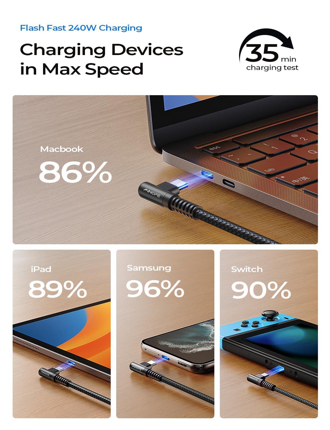 AINOPE AINOPE 240W USB C to USB C Cable (6.6ft 2Pack Chubby Cable USB C) USB C to USB C Fast Charging Cable, Right Angle USB C Charger Cable for iPhone16 Charger Cord, MacBook Pro, iPad Pro/Air,Samsung,Black