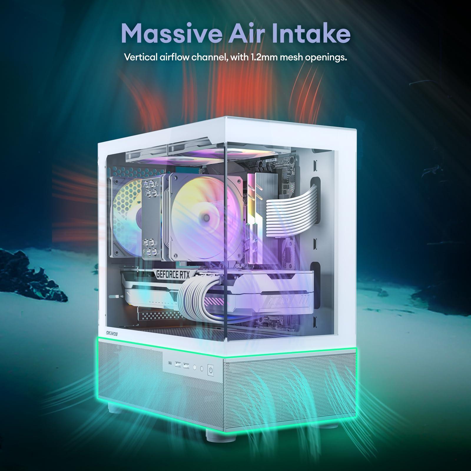 Okinos Okinos Aqua 3, Micro ATX Case, MATX PC Case with 3 X 120mm 3-Pin ARGB Fan Pre-Installed, Panoramic View Tempered Glass Front & Side Panel, with Type C Port, White