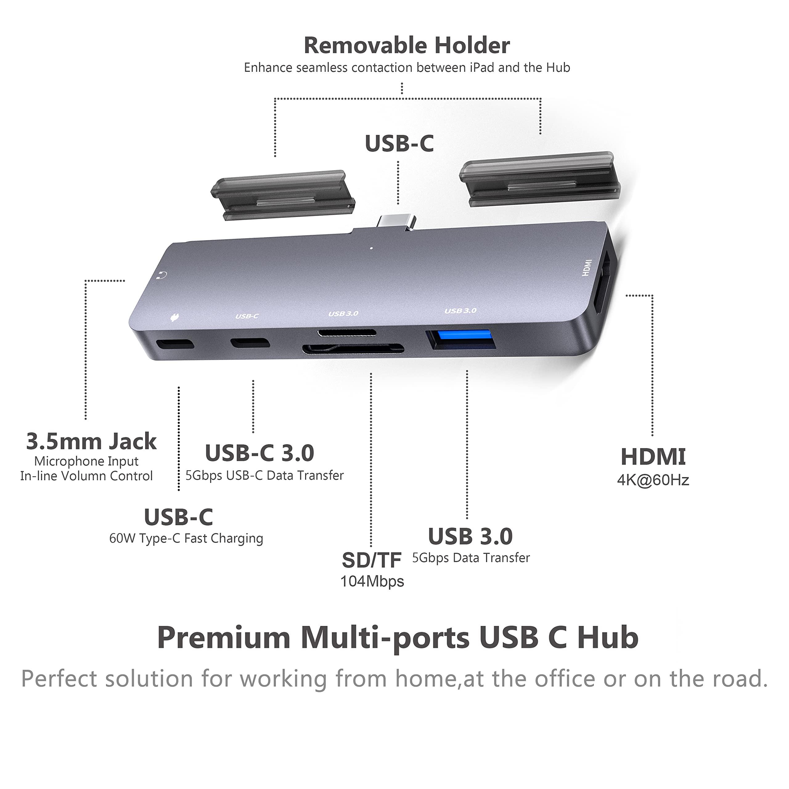 iPad Pro USB C Hub Adapter for iPad Pro 2024 M4 M2 M1,7-in-1 Hub with 4K@60Hz HDMI,3.5mm Jack,USB3.0,PD 60W,SD/TF Card Slot,iPad Air 4/5,iPad Mini 6,iPad Accessories