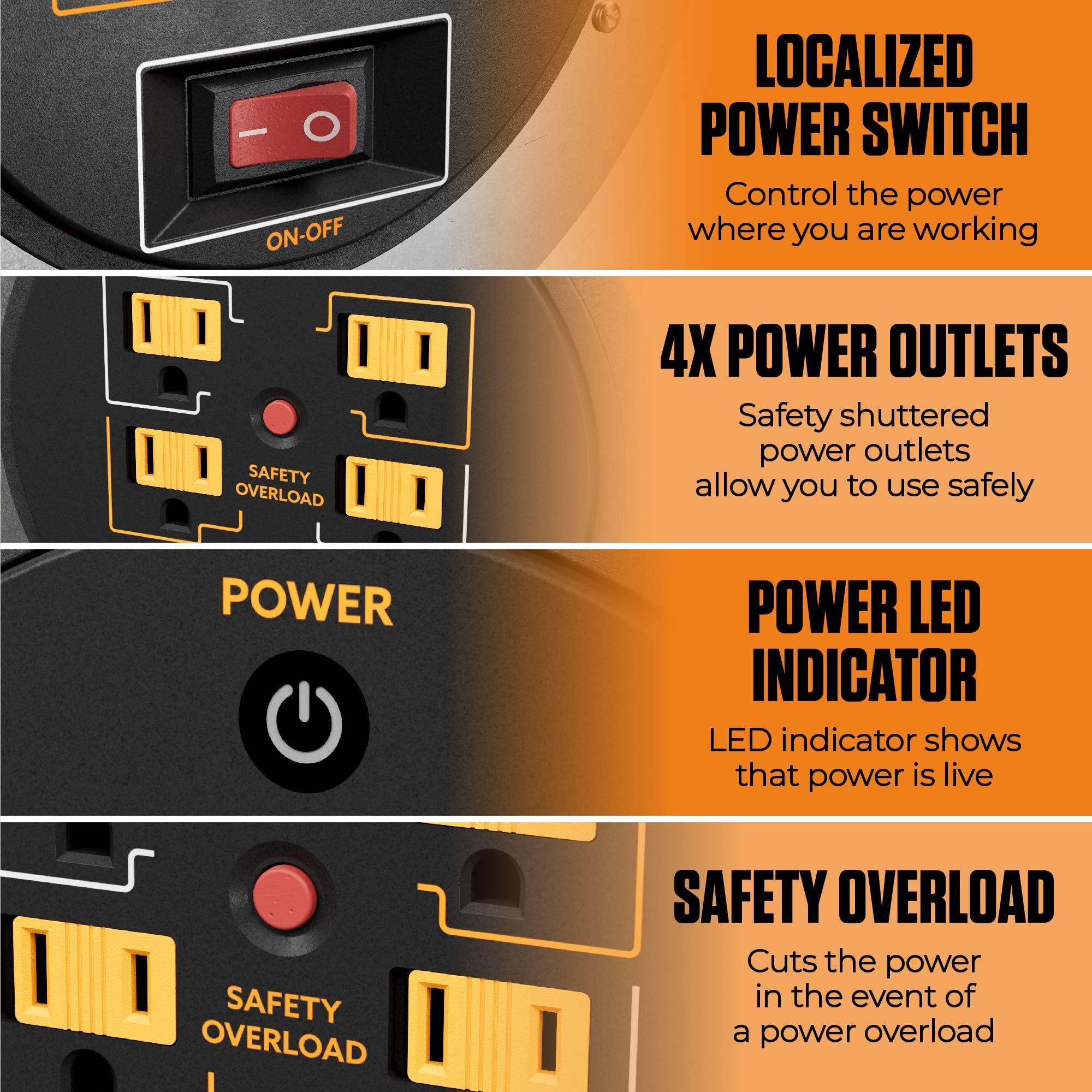 Masterplug Masterplug 50ft Cord Reel, Metal Steel Cable Drum, Retractable Extension Lead with Winding Handle, Safety Overload Circuit Breaker and Power Switch, 4x Grounded Outlets, 15amps, 12AWG Cable