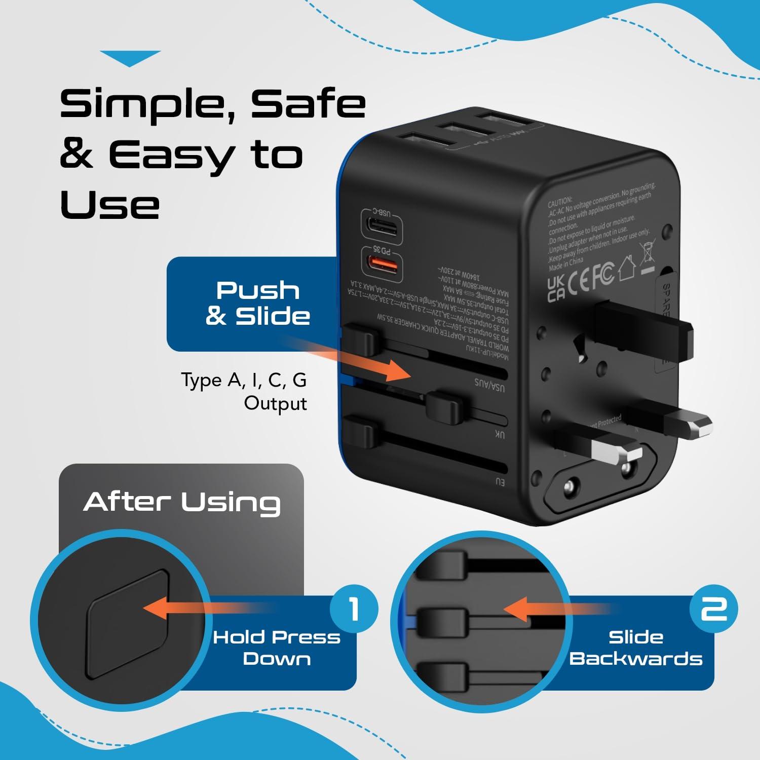 Ceptics Ceptics Universal Travel Adapter, 35W International Power Adapter with PD & QC 3.0 Dual USB-C, 3 USB Travel Adapter Worldwide, Type I C G A Outlets 110V 220V A/C - EU Euro US UK (11-KU)