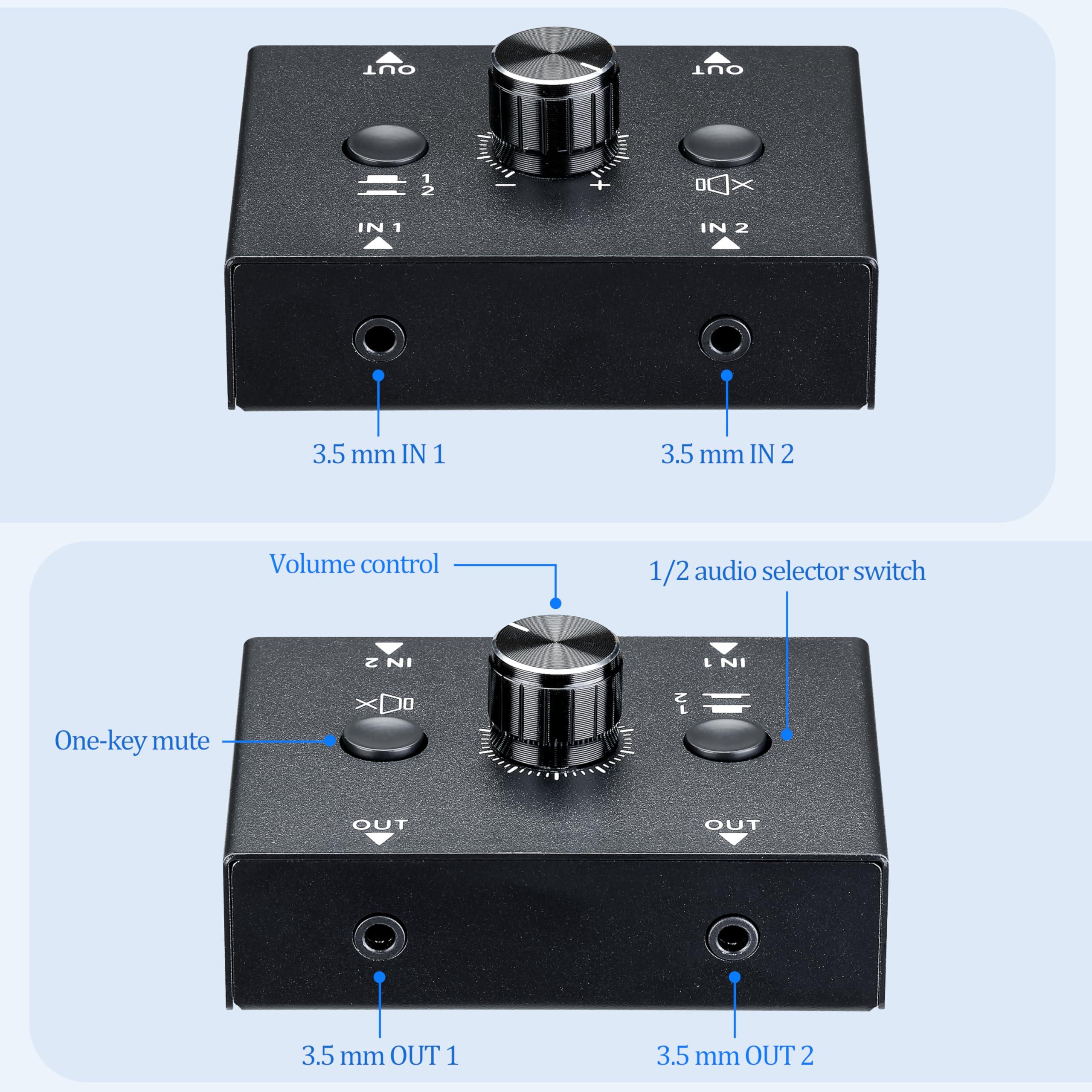 HAICHENTEX 3.5mm Audio Switch Stereo Audio Splitter Box 2 in 2 Out Audio Switcher Passive Speaker Headphone Manual Selector with Volume Control