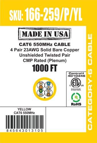 VC VERTICAL CABLE Vertical Cable CAT6, 550 MHz, UTP, 23AWG, 8C Solid Bare Copper, Plenum, 1000ft, Bulk Ethernet Cable - Made in USA, Yellow