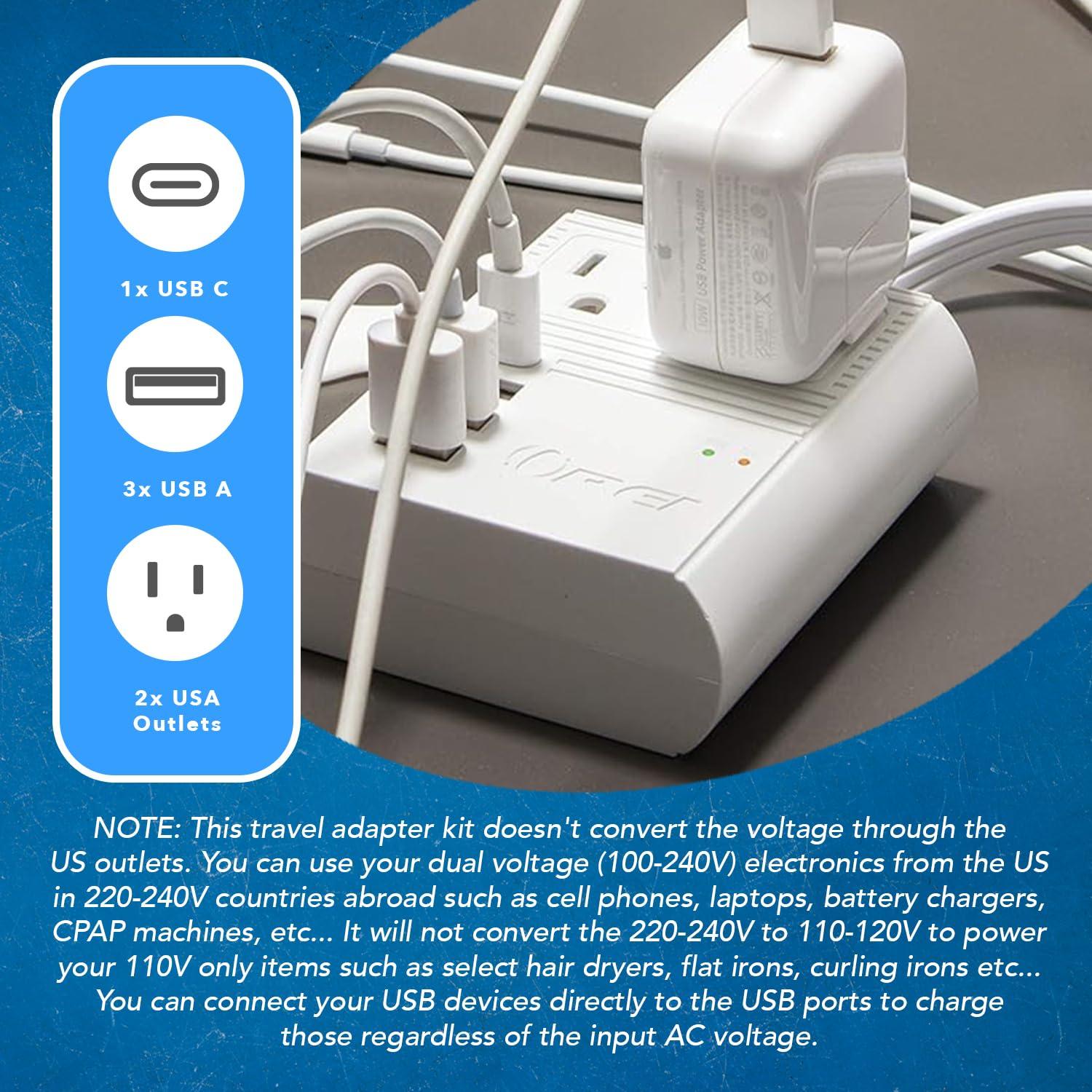 OREI OREI World Travel Plug Adapter M8 Max, 3 USB + Pd 18W USB-C Input - 2 USA Outlets - Attachments for Europe, Asia, China, Japan, Africa - Perfect for Cell Phones, Tablets, Cameras and More
