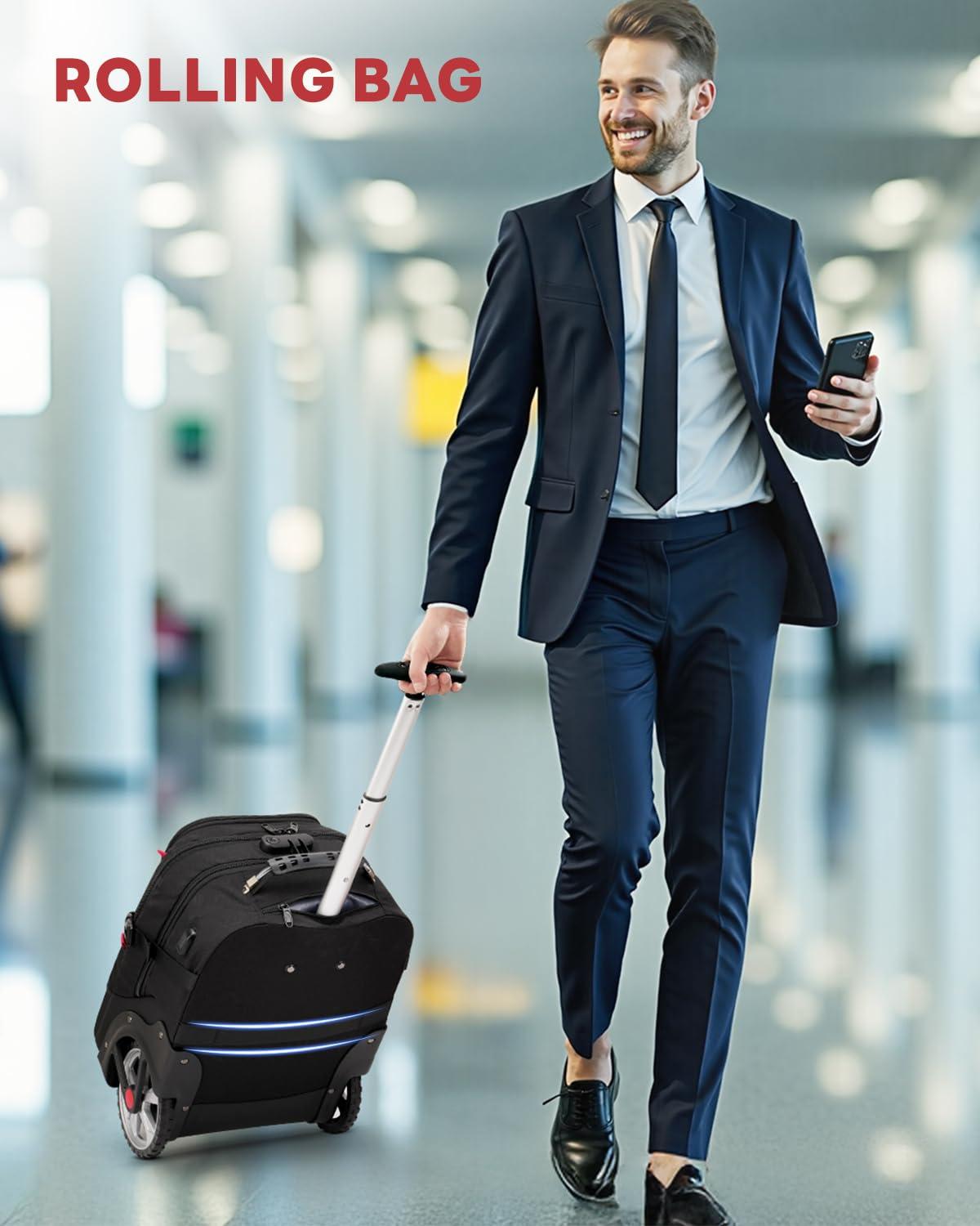 MATEIN MATEIN Rolling Bag with Wheels, 17 Inch Extra Large Laptop Roller Backpack for Adults with Anti Theft Lock & USB Charging Port, Water Resistant Wheeled Bag Carry On Luggage for Teacher Work Travel Men