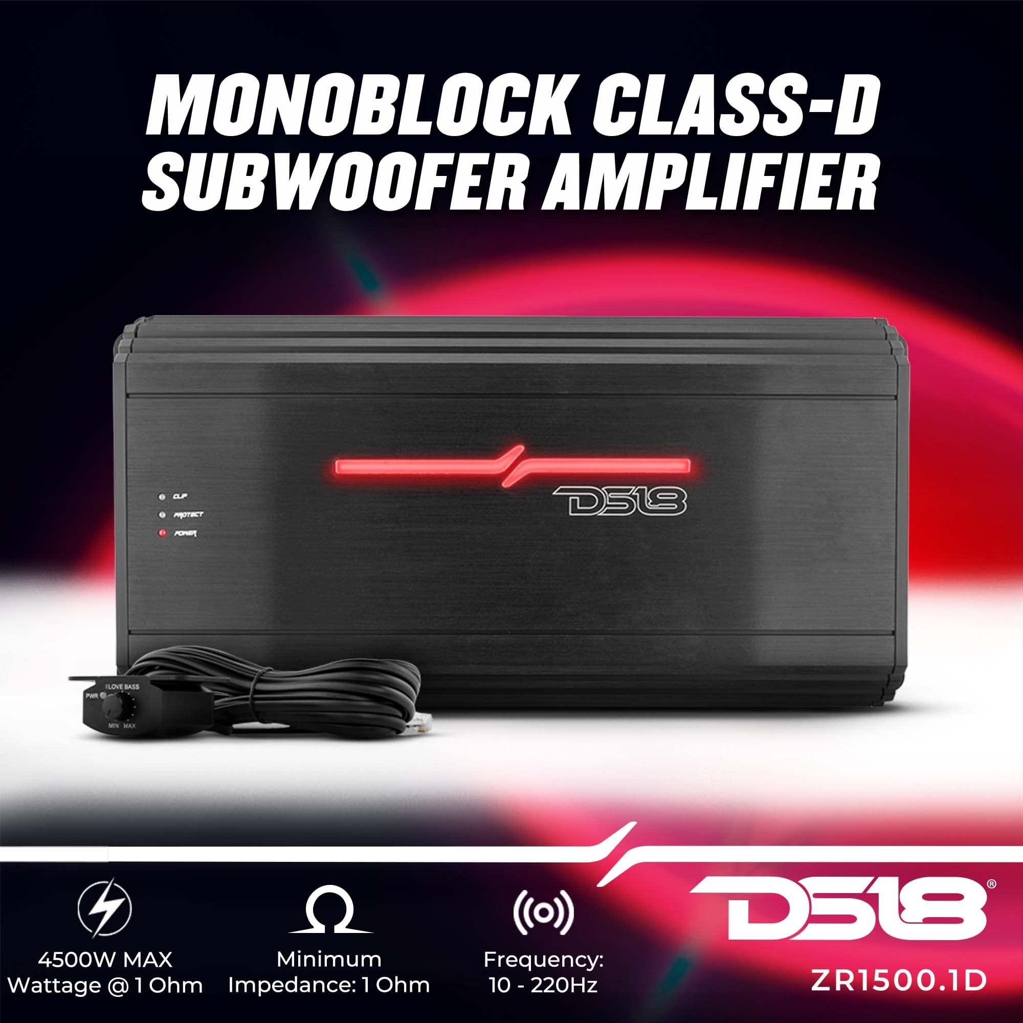 DS18 DS18 ZR1500.1D Car Amplifier 1-Channel Digital Class D Subwoofer Monoblock Amp 4500 Watts Max Wattage at 1-Ohm - Adjustable Low Pass & Subsonic Filters with Bass Boost - Remote BASS Knob Included