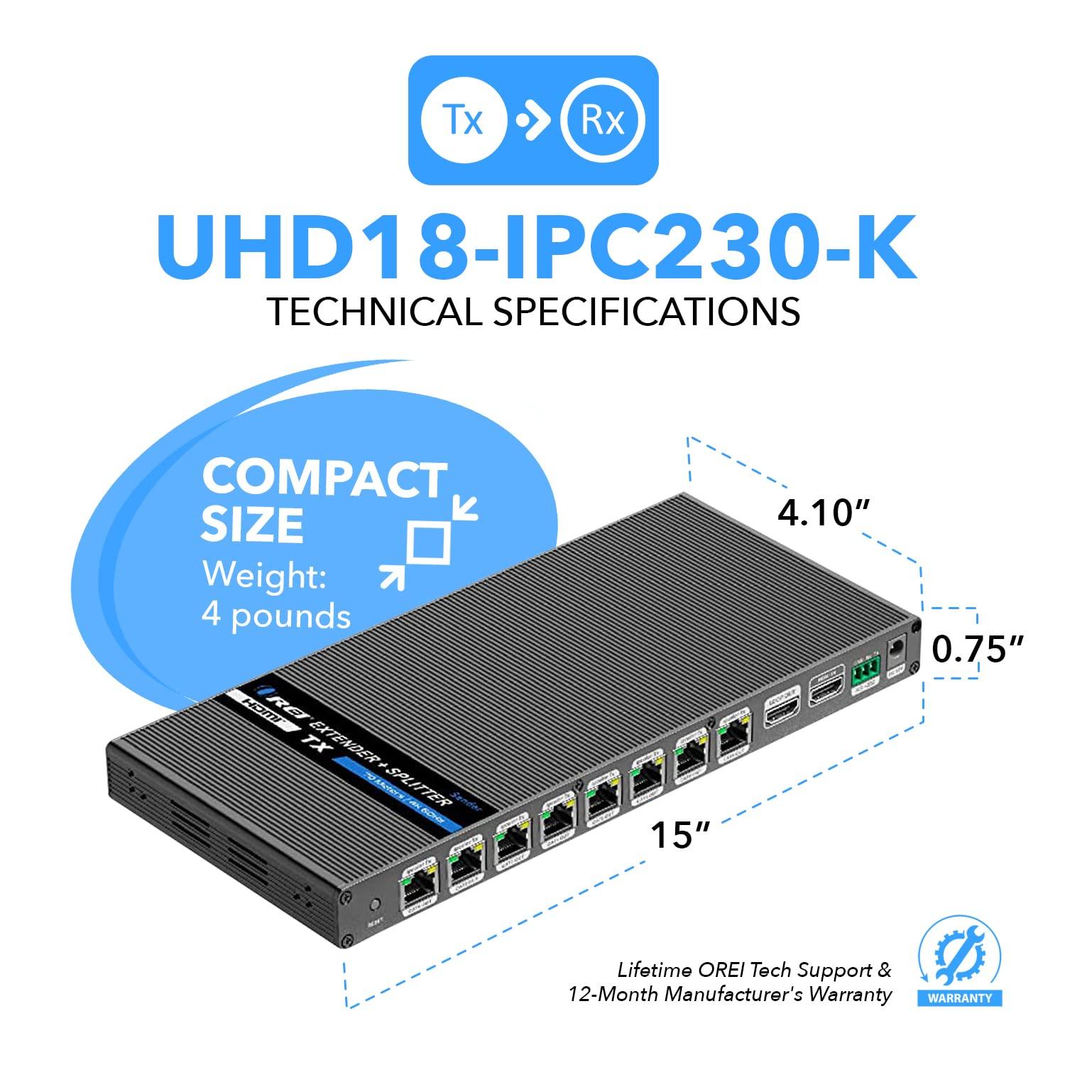 OREI OREI 1x8 HDMI Extender Splitter 4K Multiple Over Single Cable CAT6/7 4K@60Hz 4:4:4 HDCP 2.2 with IR Remote EDID Management - Up to 230 Ft - Loop Out - Low Latency - Full Support IR RS-232 Control