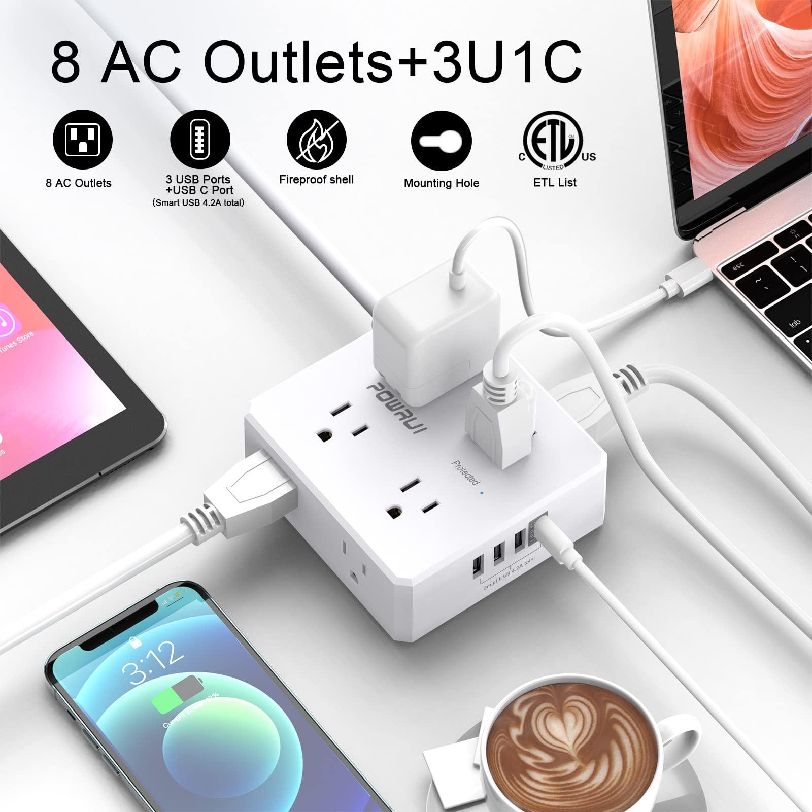 POWRUI Surge Protector Power Strip - 6 Ft Flat Plug Extension Cord with 8 Widely Outlets and 4 USB Ports(1 USB C), 3 Side Outlet Extender for Home Office, White, ETL Listed