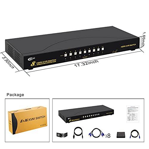 CKLau CKLau 4Kx2K 8 Port HDMI KVM Switch with Cables and USB 2.0 Hub, Rack Mount KVM Switch Supports Keyboard Mouse Switching for Windows, Linux, Mac, Debian, Ubuntu, Fedora, Raspberry Pi and Ubuntu