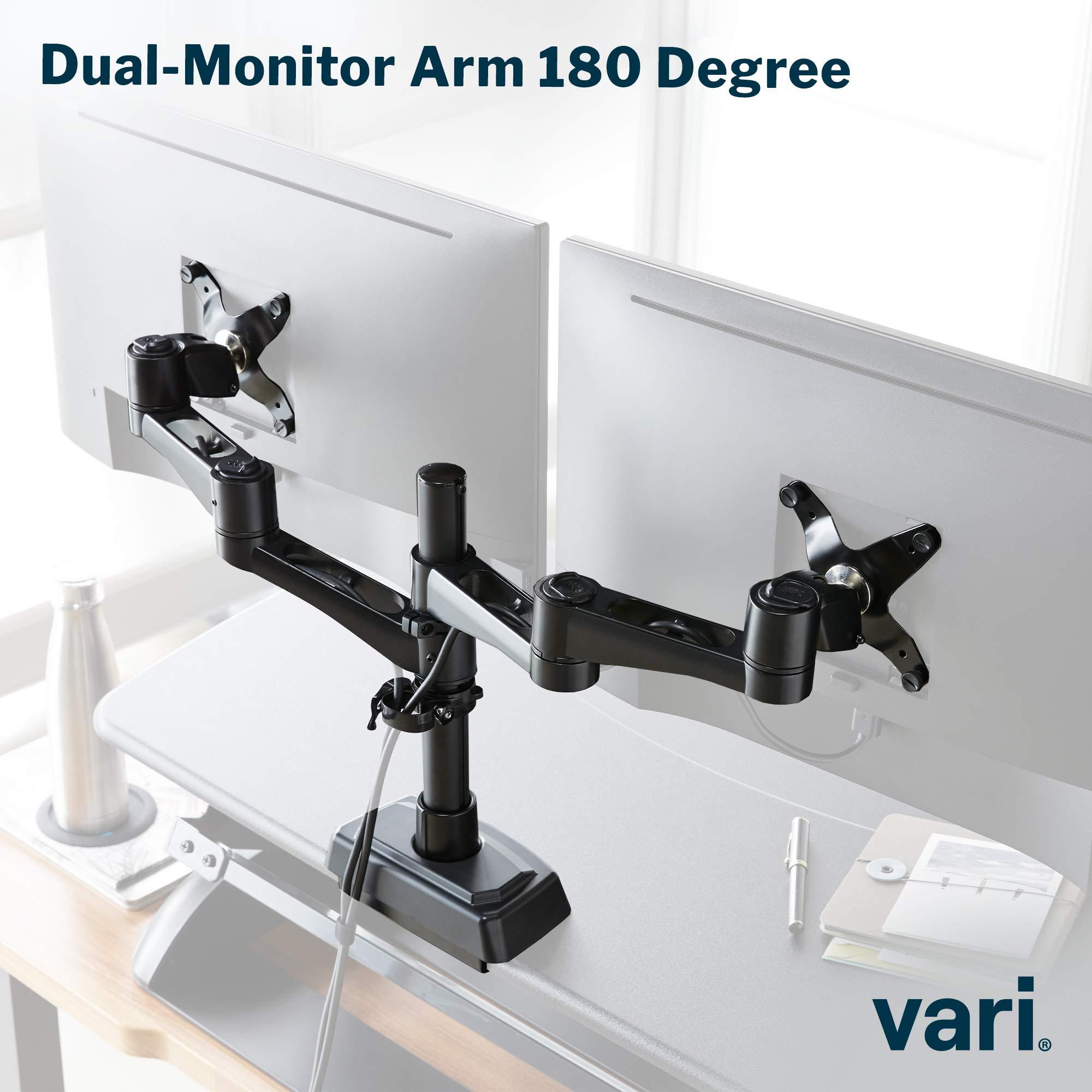 Vari Vari Dual Monitor Arm 180 Degree - VESA Compatible Mount w/ 180 Degree Adjustment - Monitors up to 27 inches, 19.8 lbs - Double Arms for Compact Spaces - Computer Monitor Stand for Home or Office