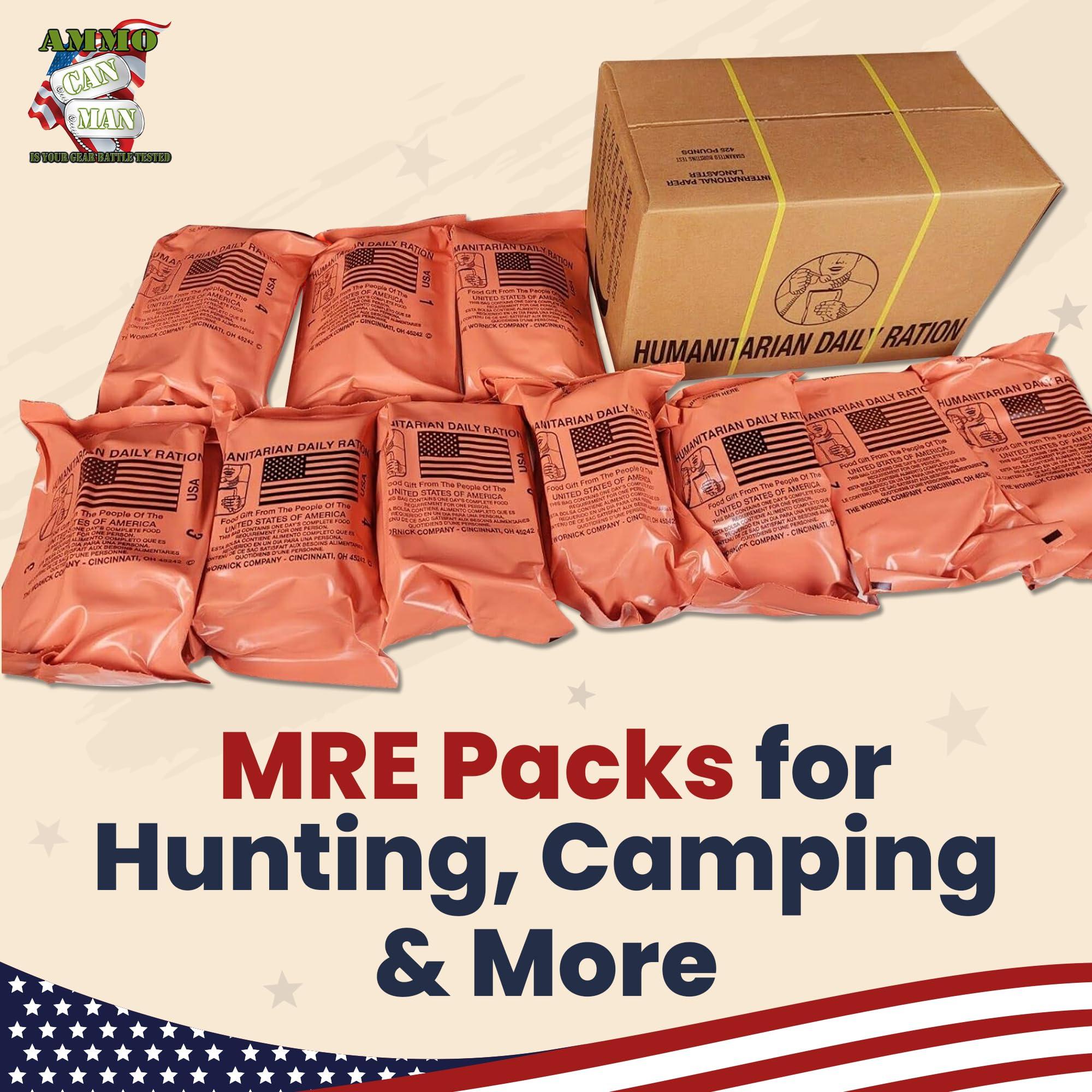 Ammo Can Man Humanitarian Daily Ration MRE Case 5 US FEMA Emergency rations MRE Varieties - Low Sodium Pre cooked w/Entree, Side Dishes for Hunting, Camping & More, 10 pack, Inspection Date 1/2024 or Better.