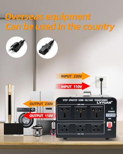 LVYUAN LVYUAN 3000 Watt Voltage Converter Transformer Heavy Duty Step Up/Down AC 110V/120V/220V/240V Power Converter with 3 US Outlets, 3 Universal Outlets, Resettable Circuit Breaker Protection