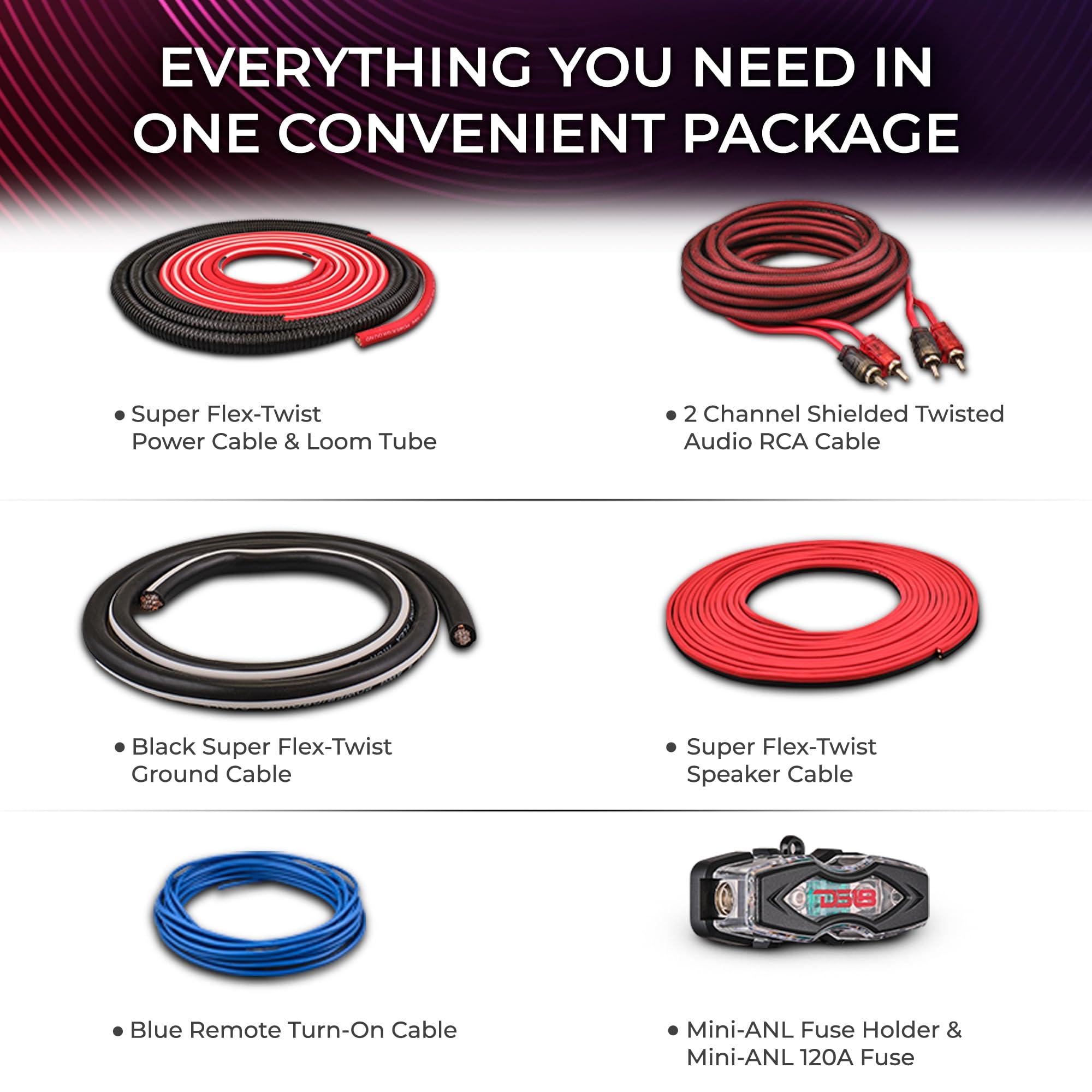 DS18 DS18 AKIT4.BL 4-GA Amplifier Installation Kit Up to 1680 Watts RMS, Mini-ANL Fuse Holder, Speaker & RCA Cables, CCA Amplifier Wiring Kit, Ultra Flex Wire, Amp Wire Kit, Amp Wiring Kit 4 Gauge - Blue