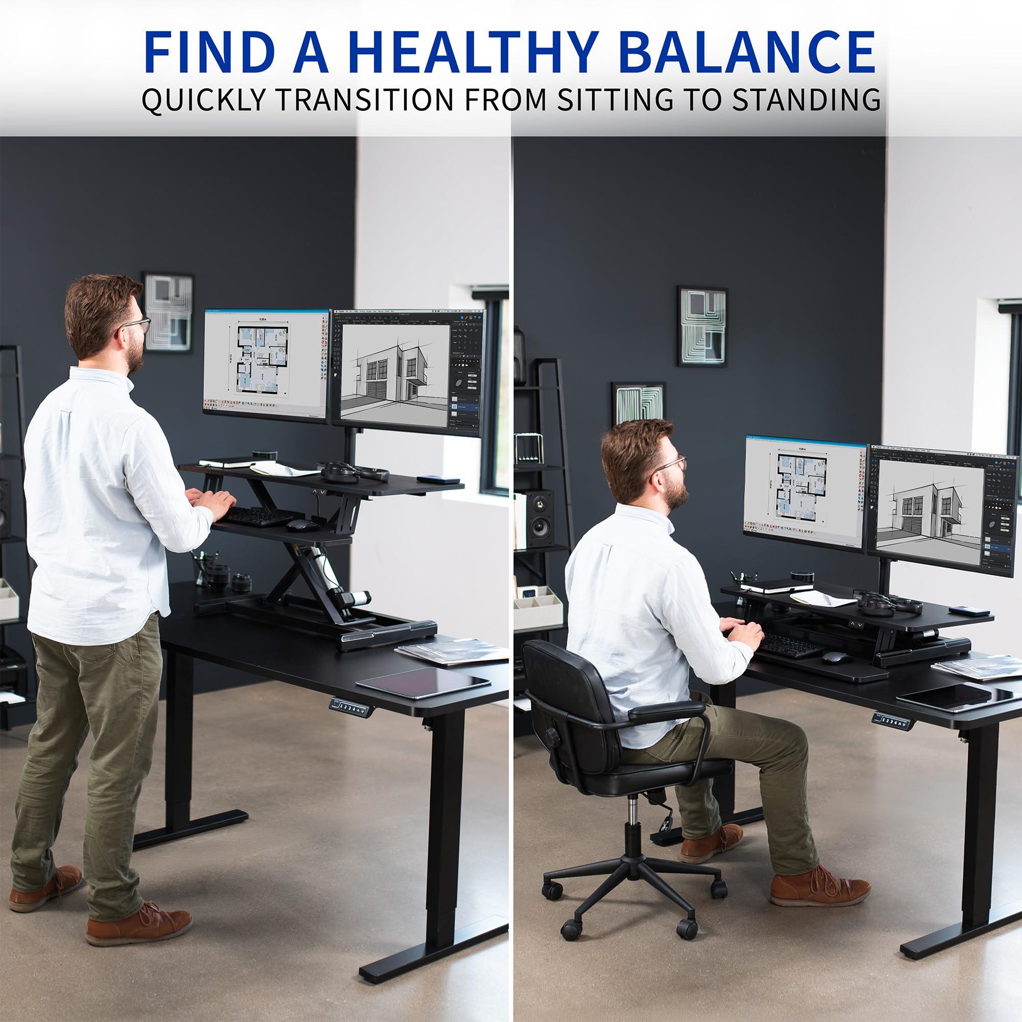 VIVO VIVO Electric Height Adjustable 36 inch Standing Desk Converter with Dual Monitor Stand for 13 to 30 inch Screens, Sit Stand Monitor Mount and Desk Riser, Black, DESK-KIT-VE36B2