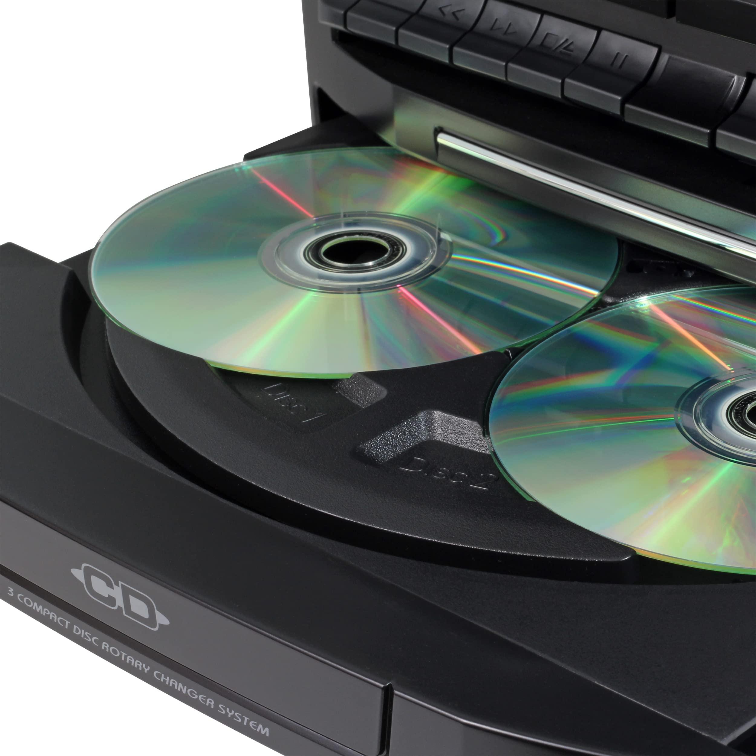 Jensen Jensen Bluetooth 3 Speed Stereo Turntable 3 CD Changer Music System with Dual Cassette Deck, Pitch Control and Remote Control