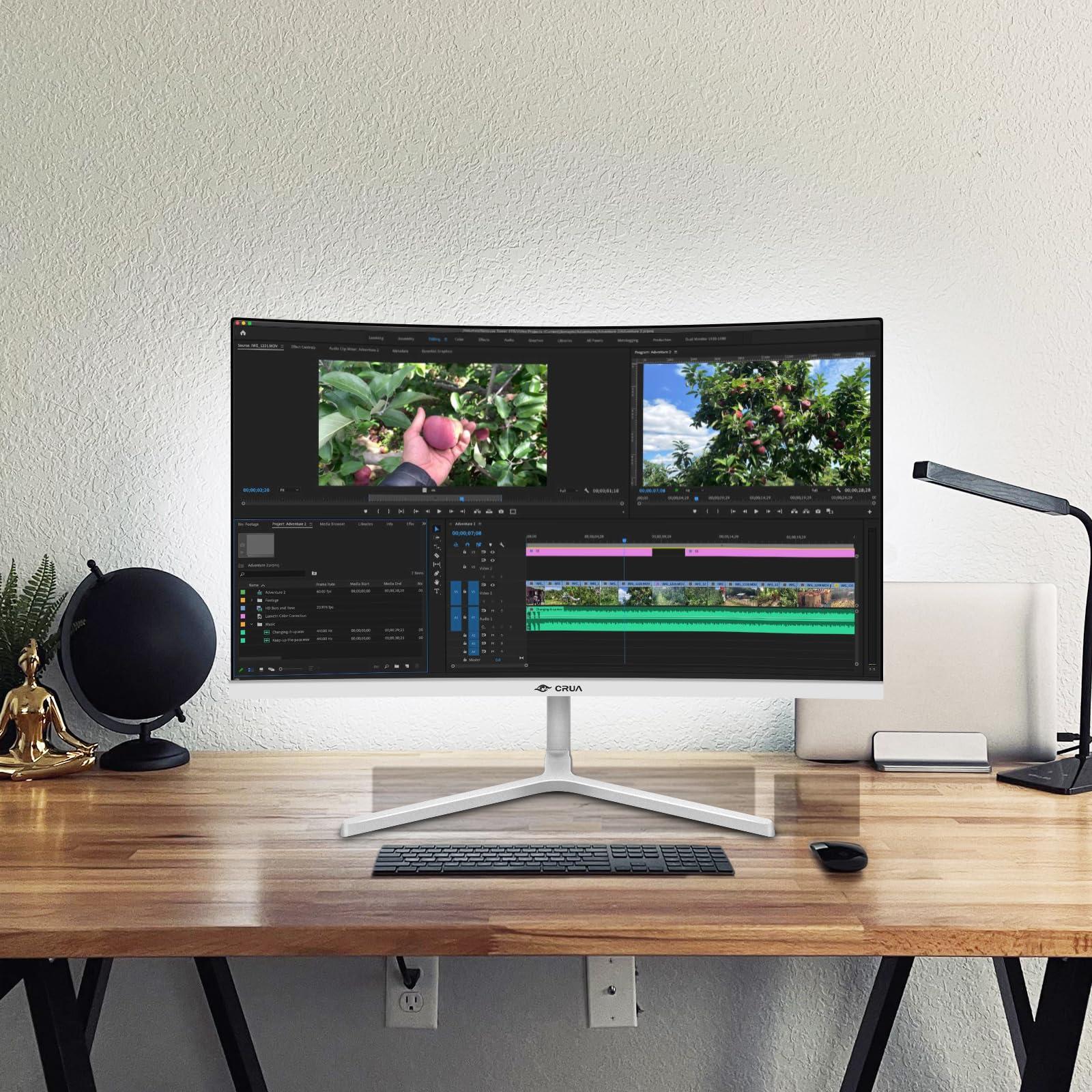 CRUA CRUA 24 Inch Curved Monitor, FHD(19201080P) 100HZ 99% sRGB Computer Monitors, Narrow Bezels on Three Sides, Blue Light Filter PC Monitor for Home, Office and Dormitory(HDMI, VGA)-White