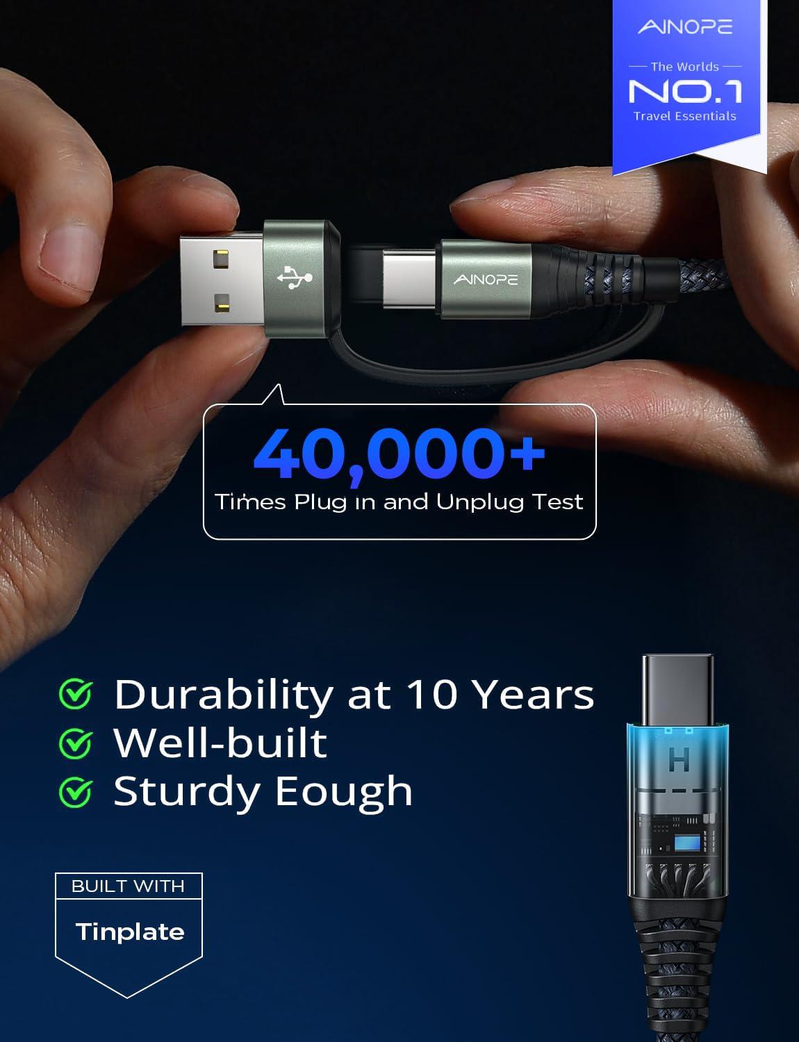 AINOPE AINOPE USB C to USB C Cable, 10 FT USB C Cable Fast Charging with Type C to USB Adapter, 60W USB to USBC Cable for iPhone 16 Pro Max Plus 15 14 13 12 Samsung 25 Ultra iPad MacBook Switch, Grey